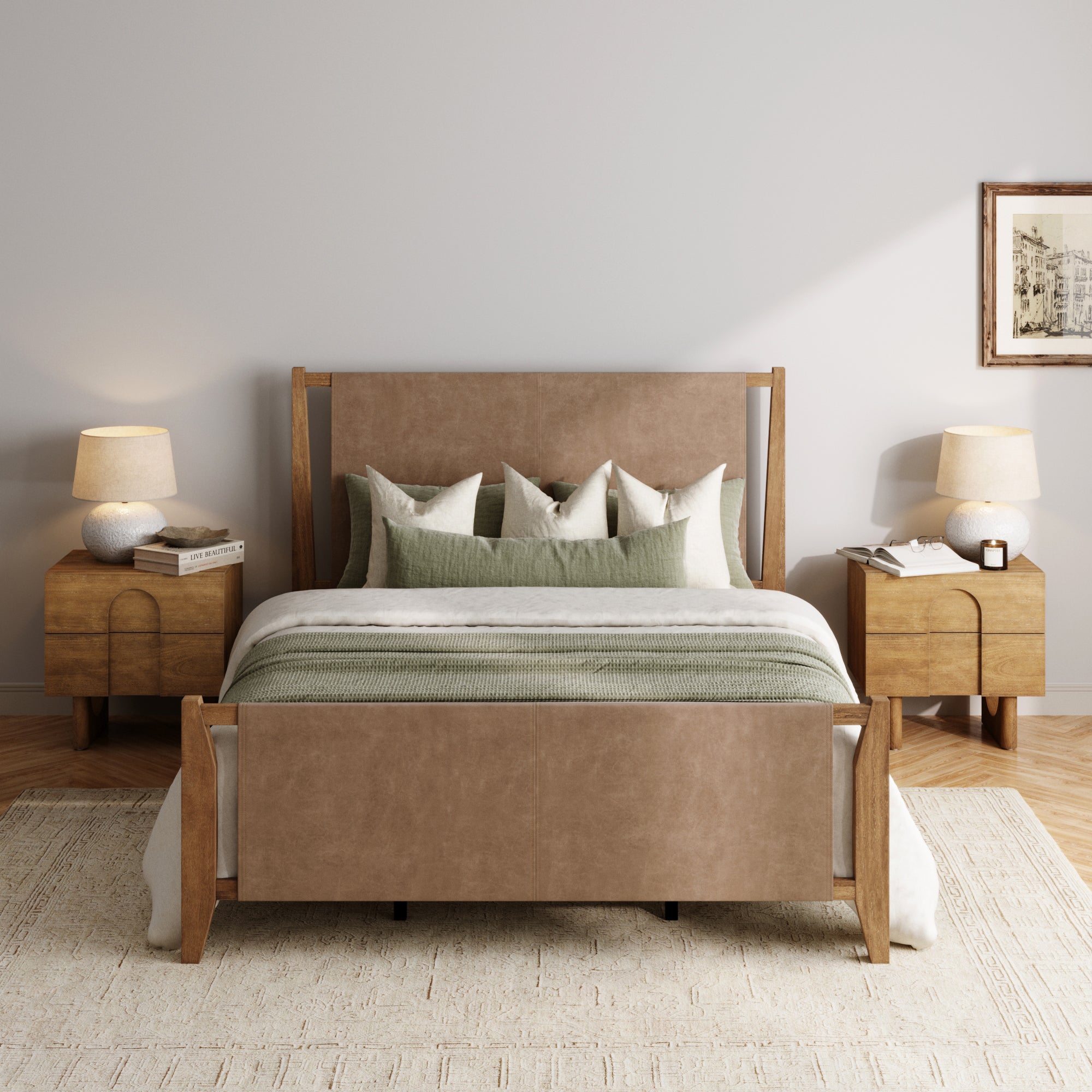 Faux Leather Queen Bed Frame with Arched Nightstands Set Light Brown - Nathan James