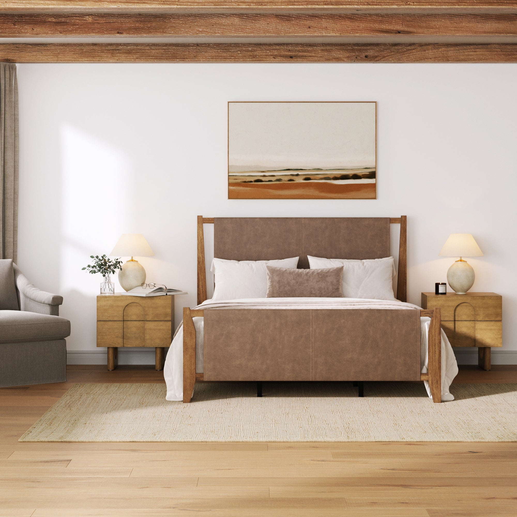 Faux Leather Queen Bed Frame with Arched Nightstands Set Light Brown - Nathan James