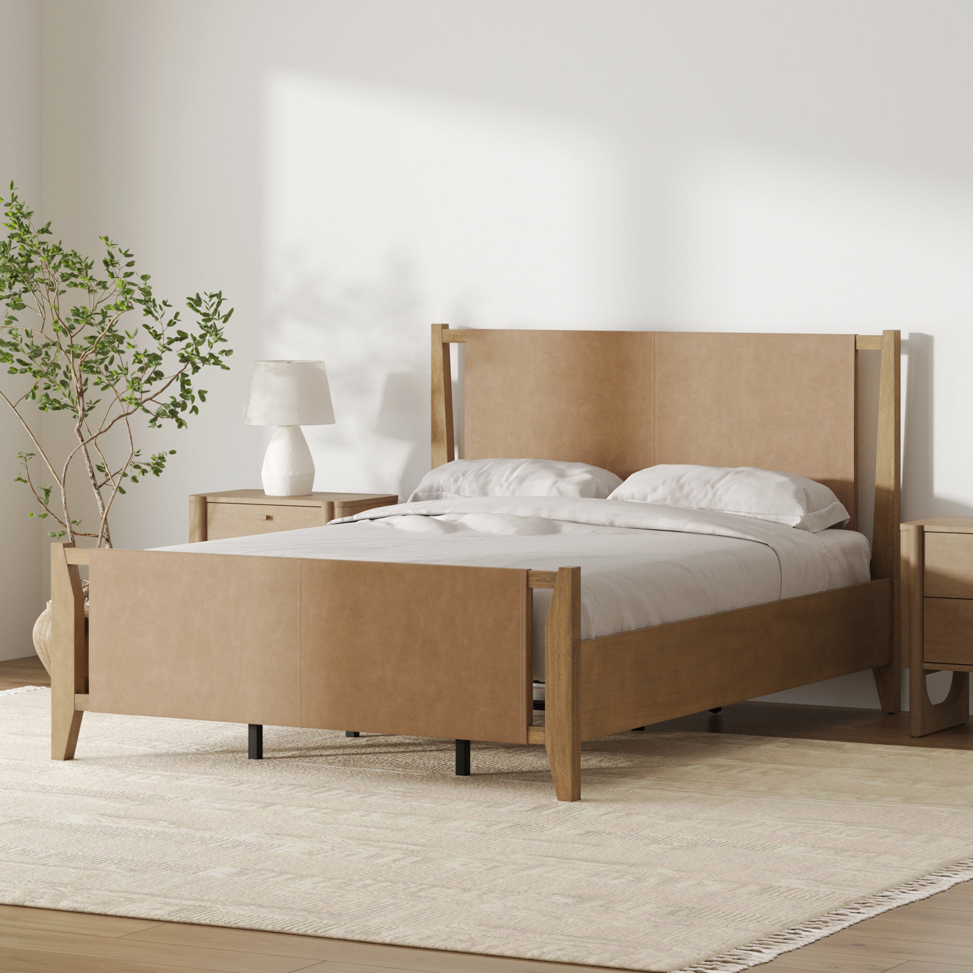 Mid Century Modern Queen Solid Wood Platform Bed With Headboard Light Brown - Nathan James