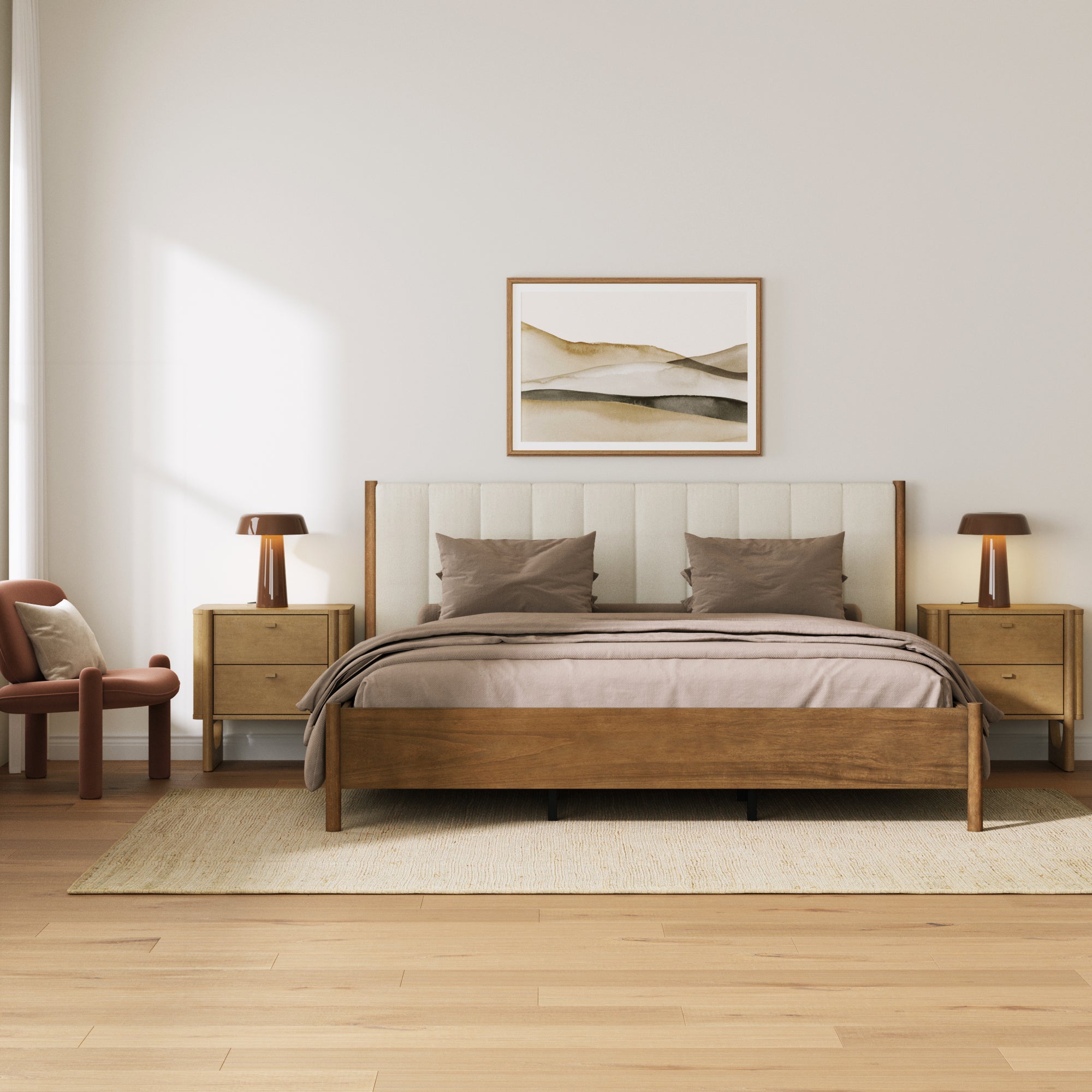 Mid Century Modern King Bed Frame and 2 - Drawer Nightstand Set - Nathan James