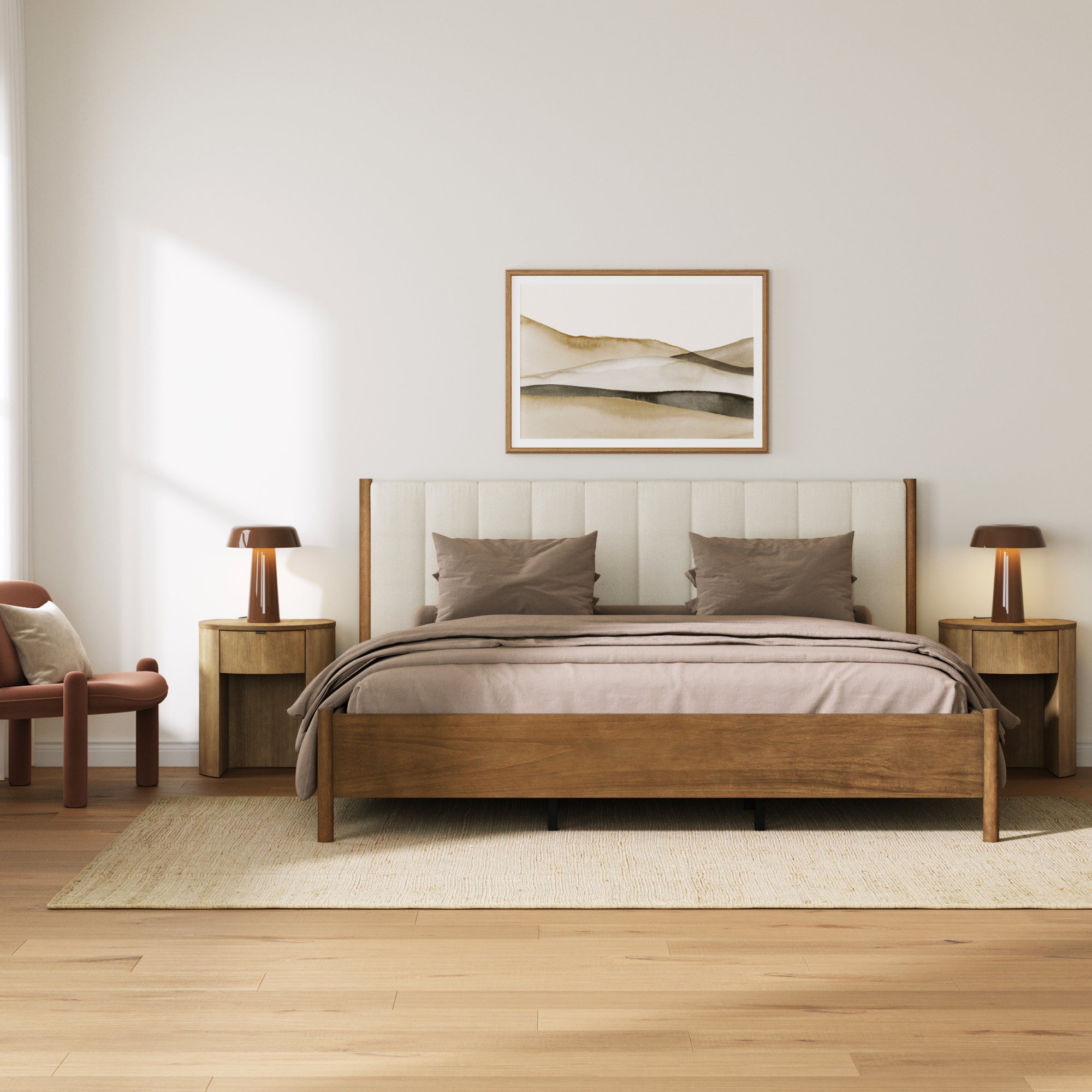 Modern King Bed Frame and Curved Nightstand with Drawer Set - Nathan James