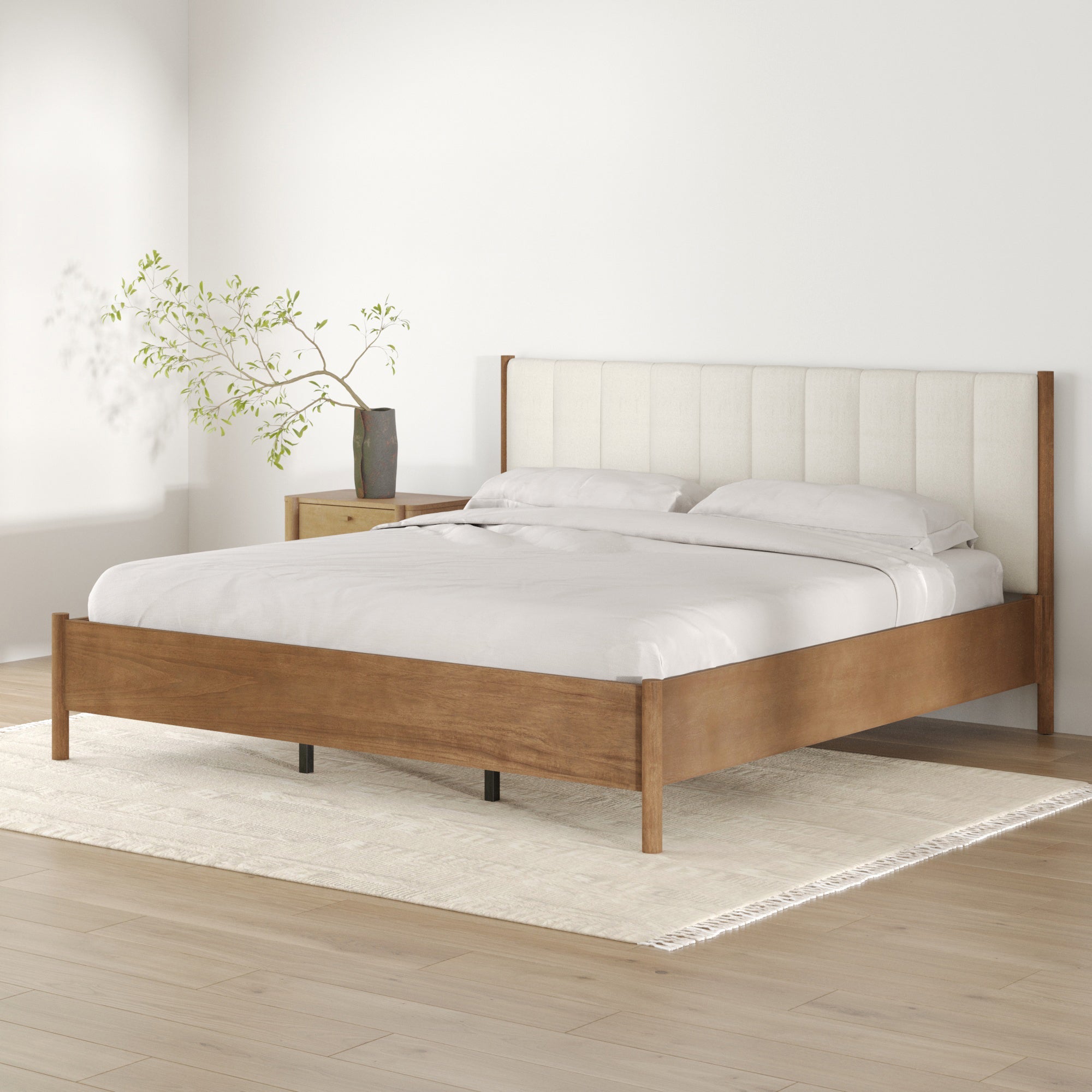Mid Century King Upholstered Bed Frame with Boucle Headboard - Nathan James