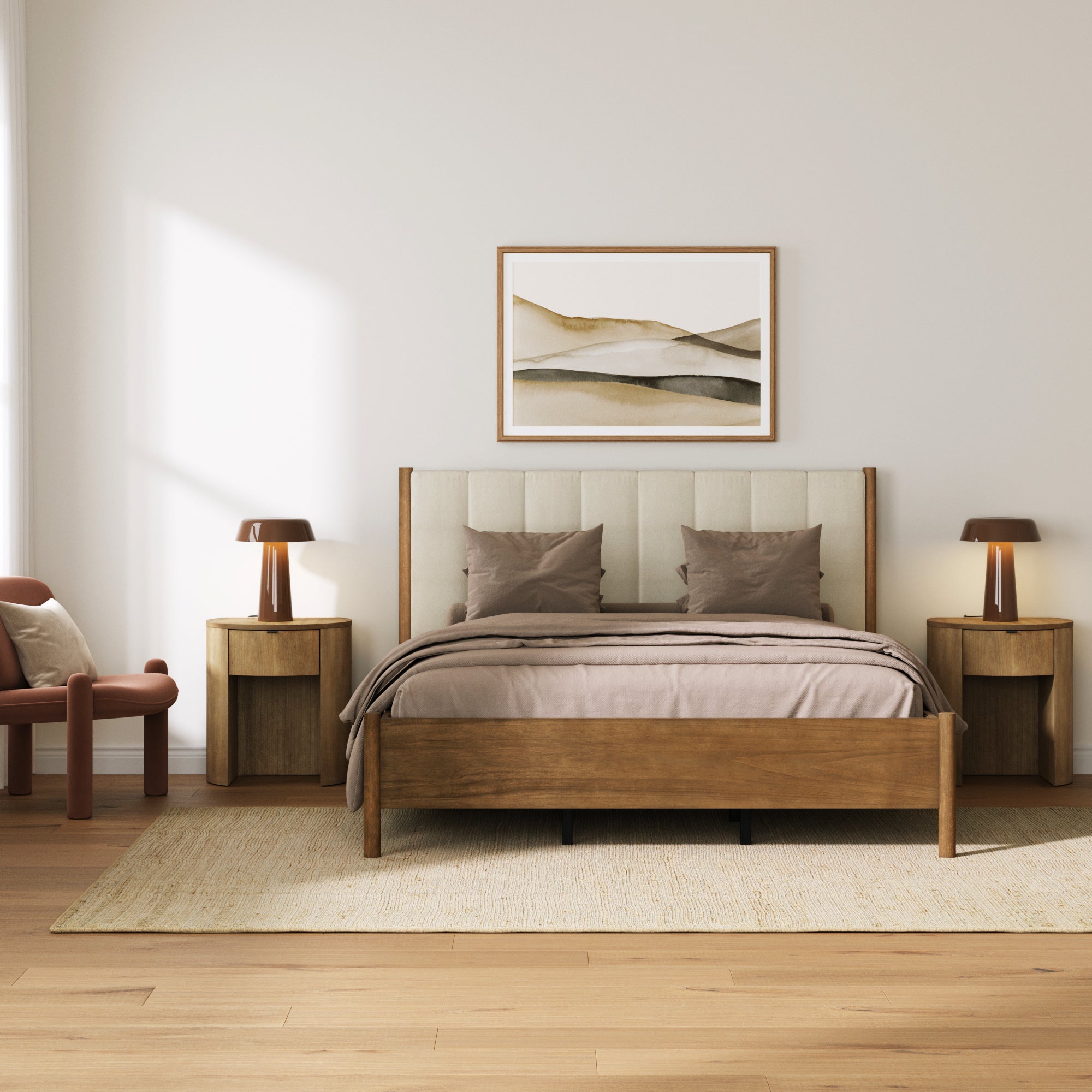 Modern Queen Bed Frame and Curved Nightstand with Drawer Set - Nathan James