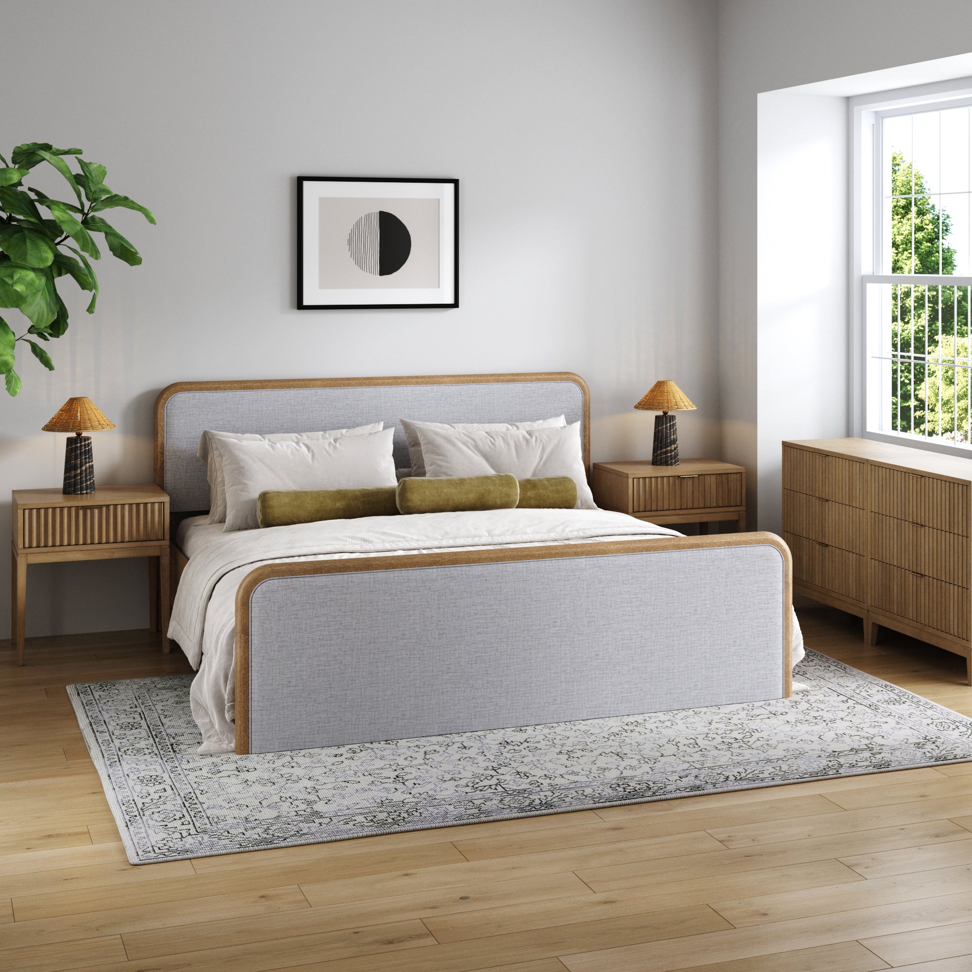 Fluted King Bed Frame with Solid Wood Dressers and Nightstands Set Gray/Light Brown - Nathan James