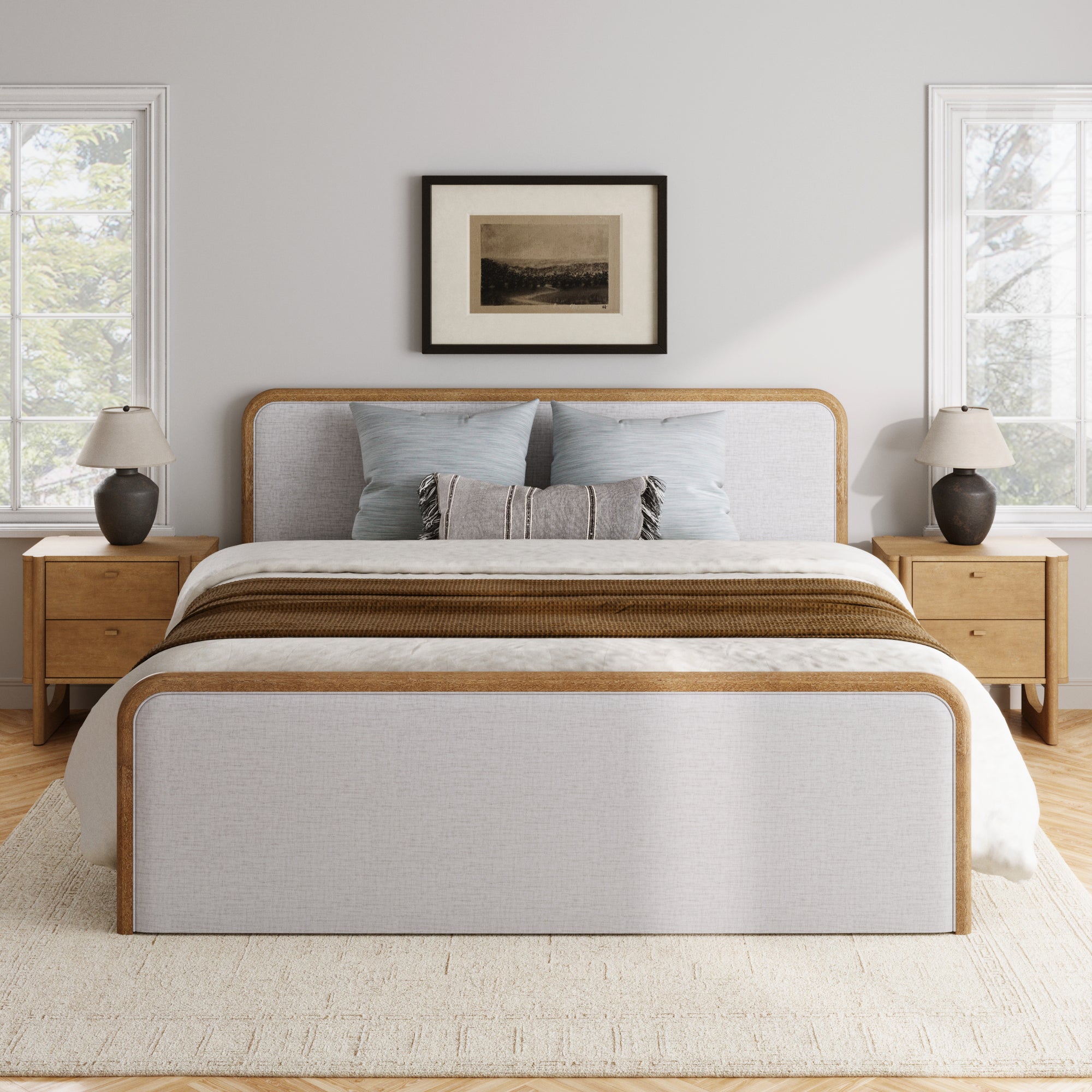 Wooden King Bed Frame with 2 Nightstands Set Gray/Light Brown - Nathan James