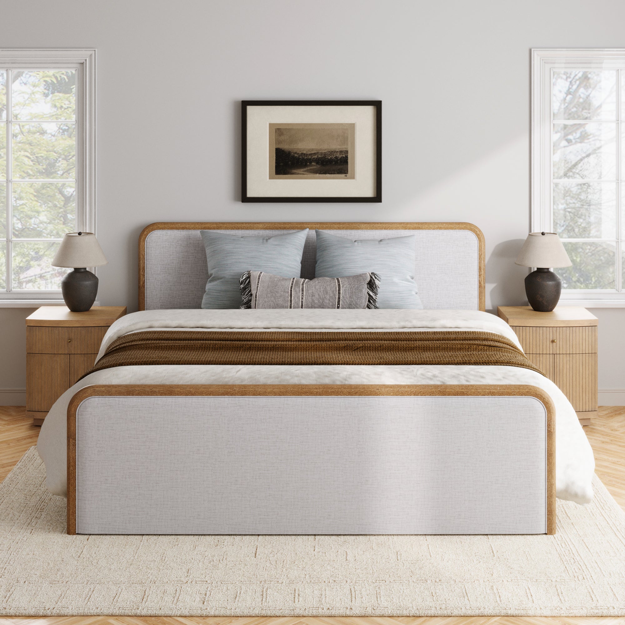 Mid Century Modern Bedroom Set with King Bed Frame and 2 Fluted Nightstands Gray/Light Brown - Nathan James