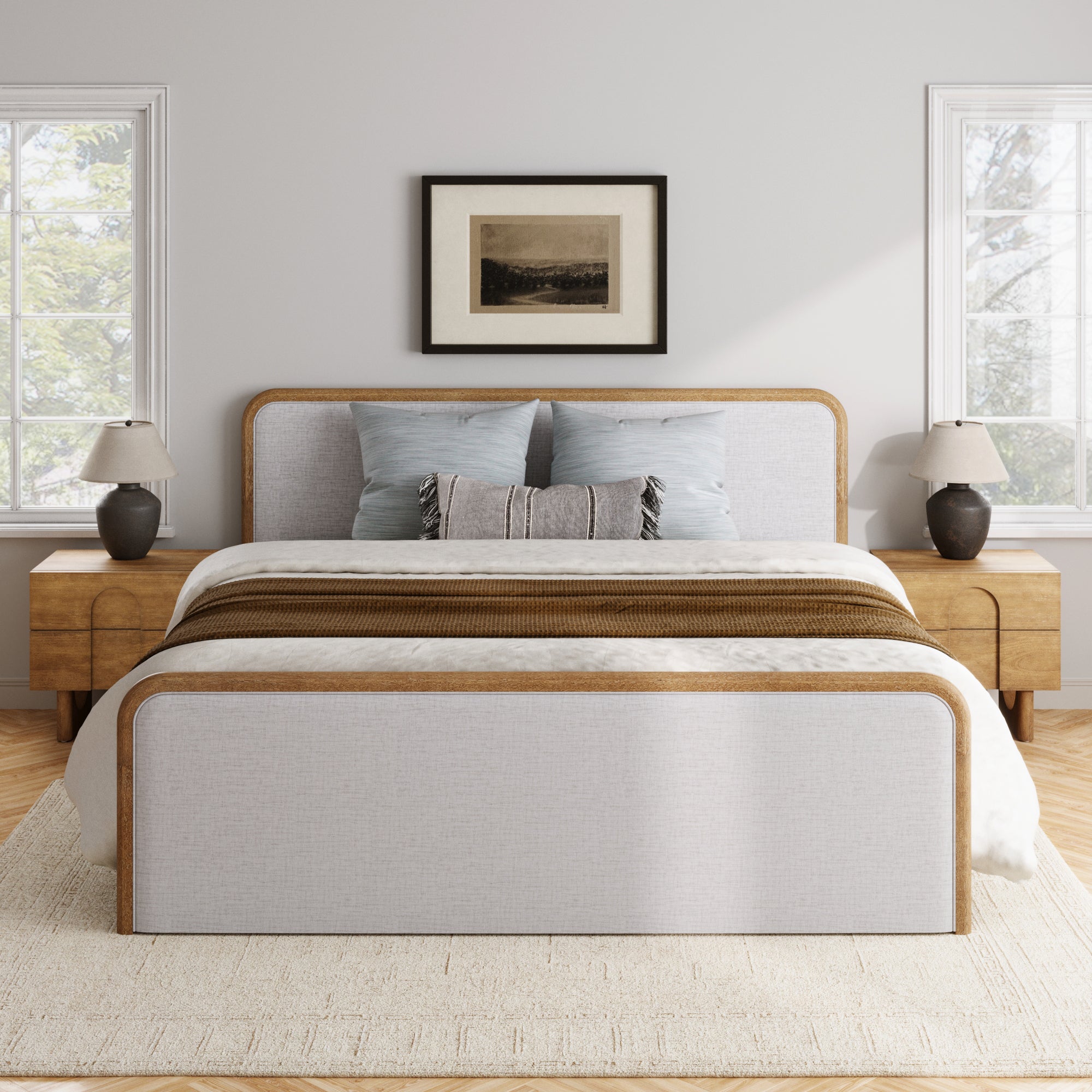 King Bedroom Set with 2 Arched Nightstands Gray/Light Brown - Nathan James
