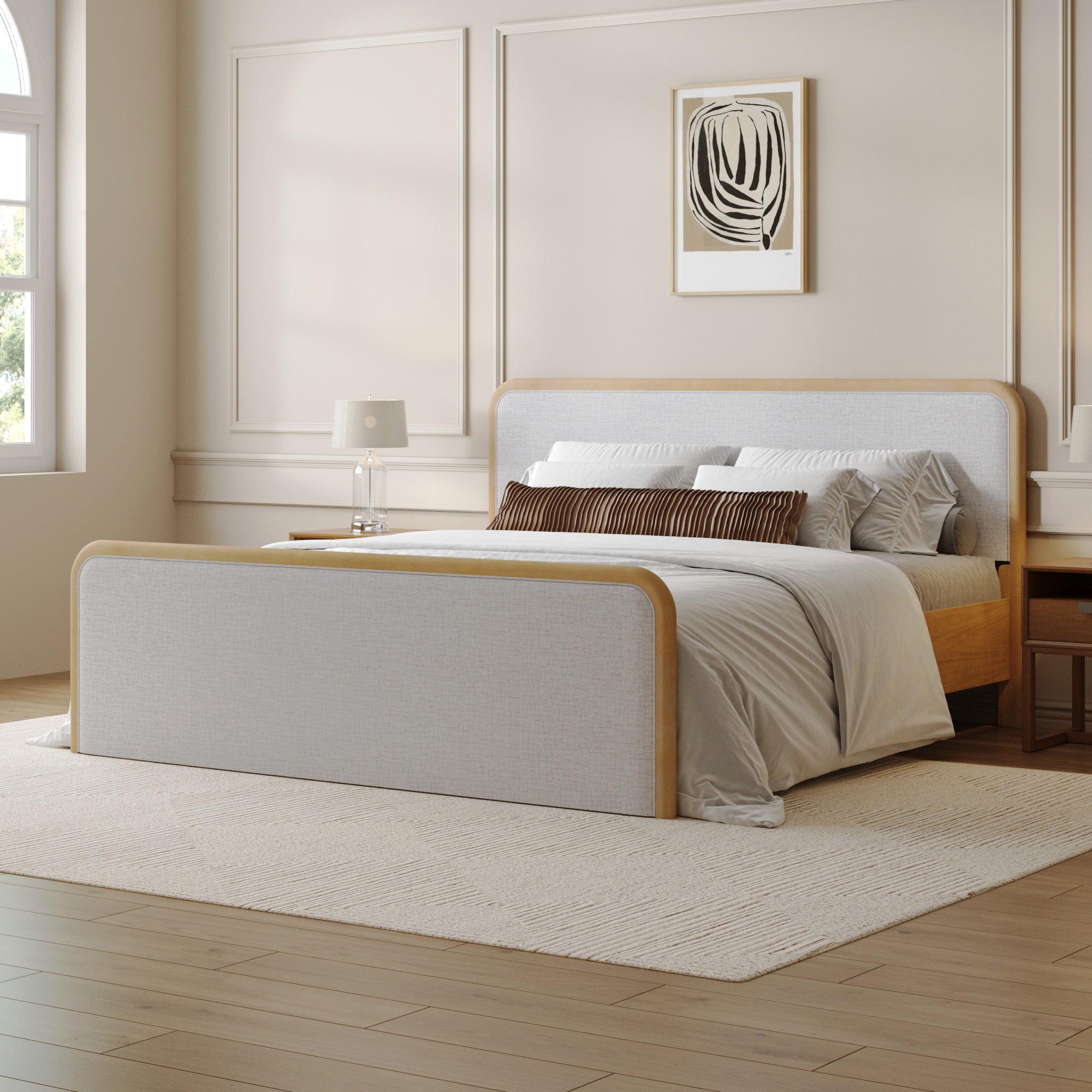 King Rounded Solid Wood Bed Frame in Feather Gray Upholstery - Nathan James