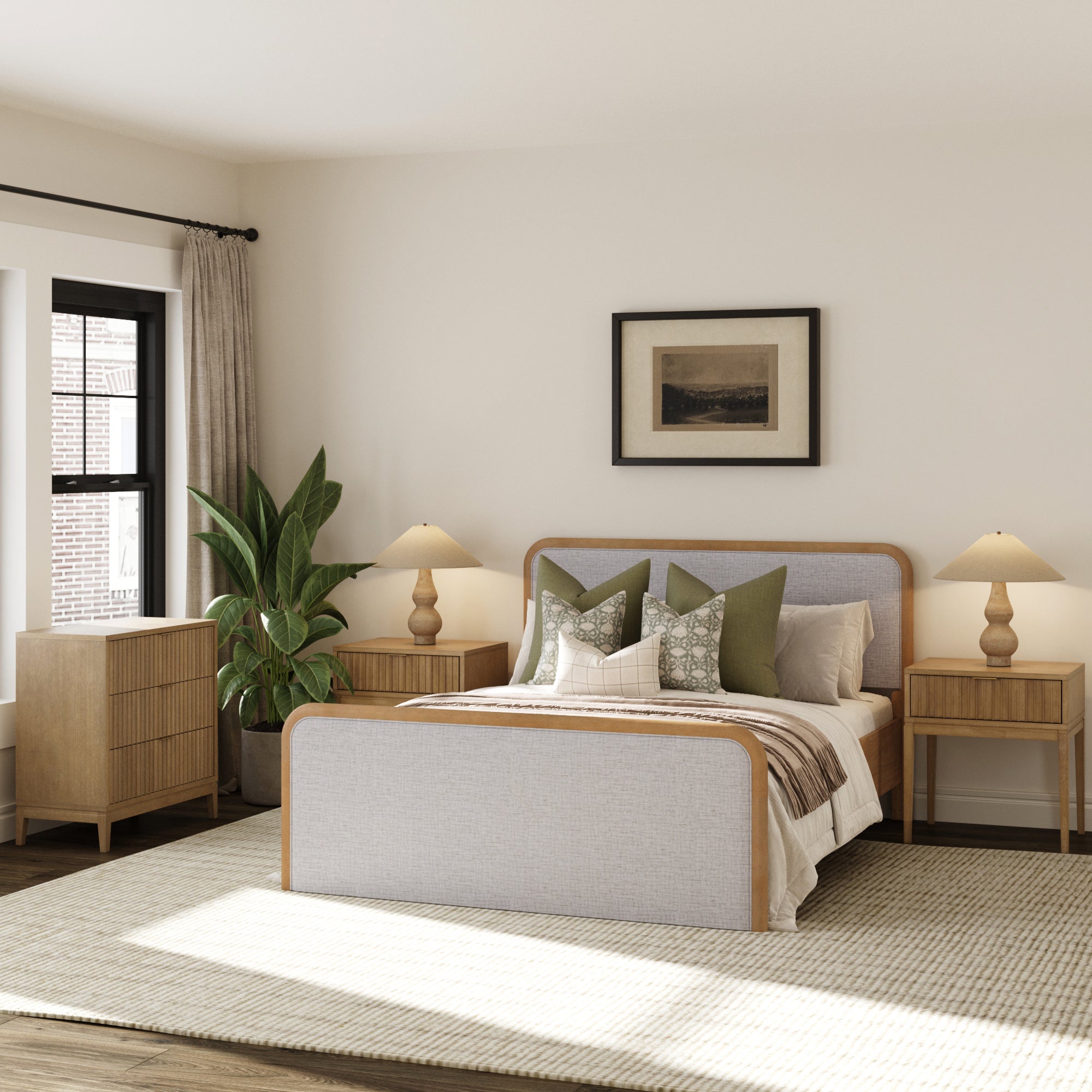 Fluted Queen Bed Frame with 1 Solid Wood Dresser and 2 Nightstands Set Gray/Light Brown - Nathan James