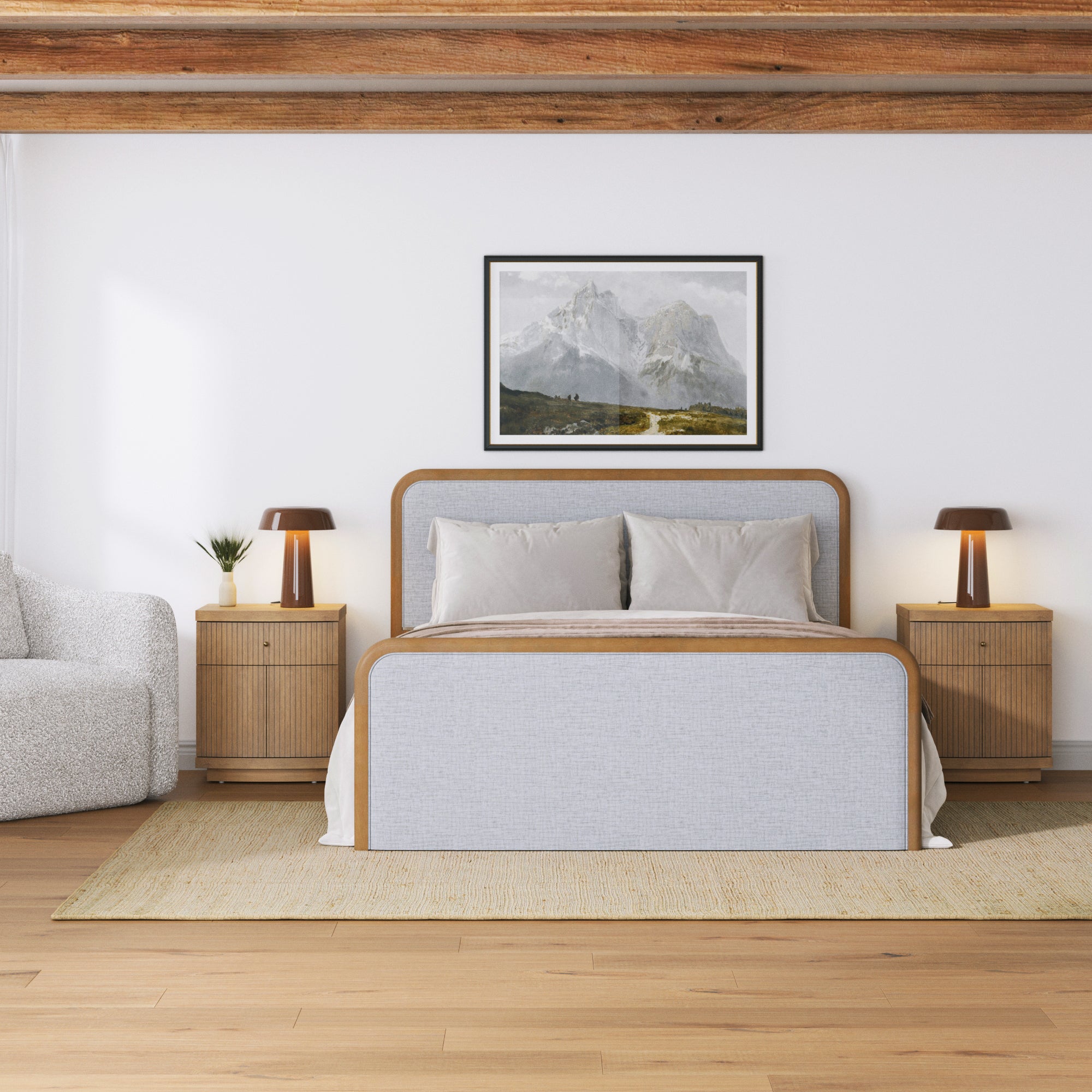 Mid Century Modern Bedroom Set with Queen Bed Frame and 2 Fluted Nightstands Gray/Light Brown - Nathan James