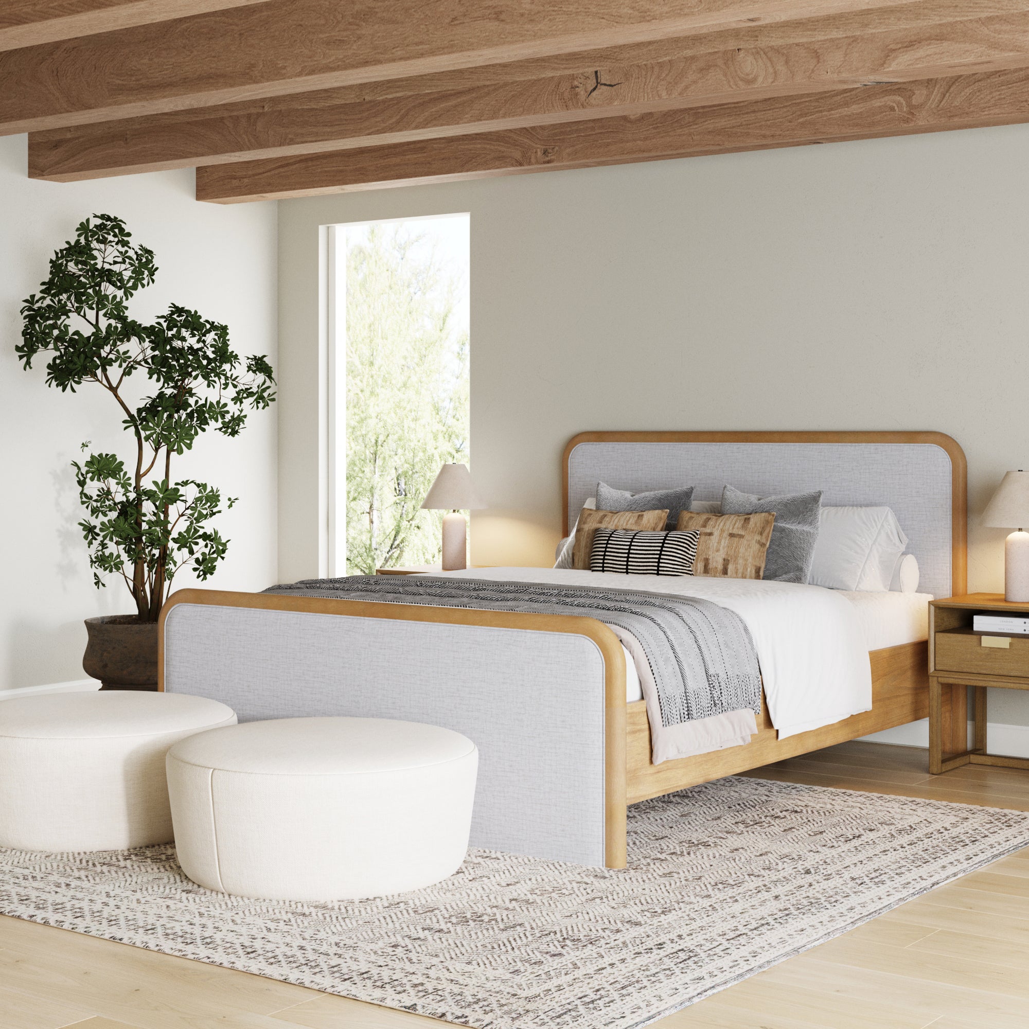 Queen Rounded Solid Wood Bed Frame in Feather Gray Upholstery - Nathan James