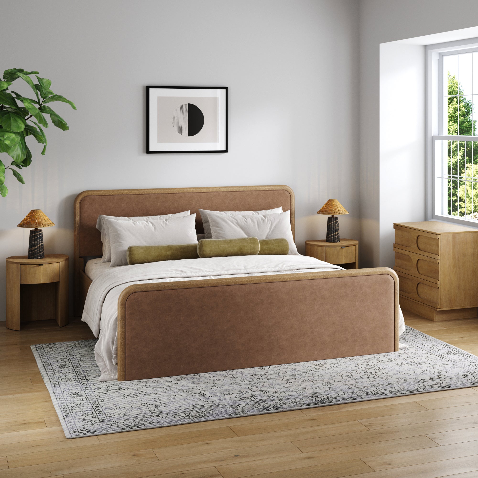 Rounded Faux Leather King Bed Frame with 1 Arched Dresser and 2 Nightstands Set Light Brown - Nathan James
