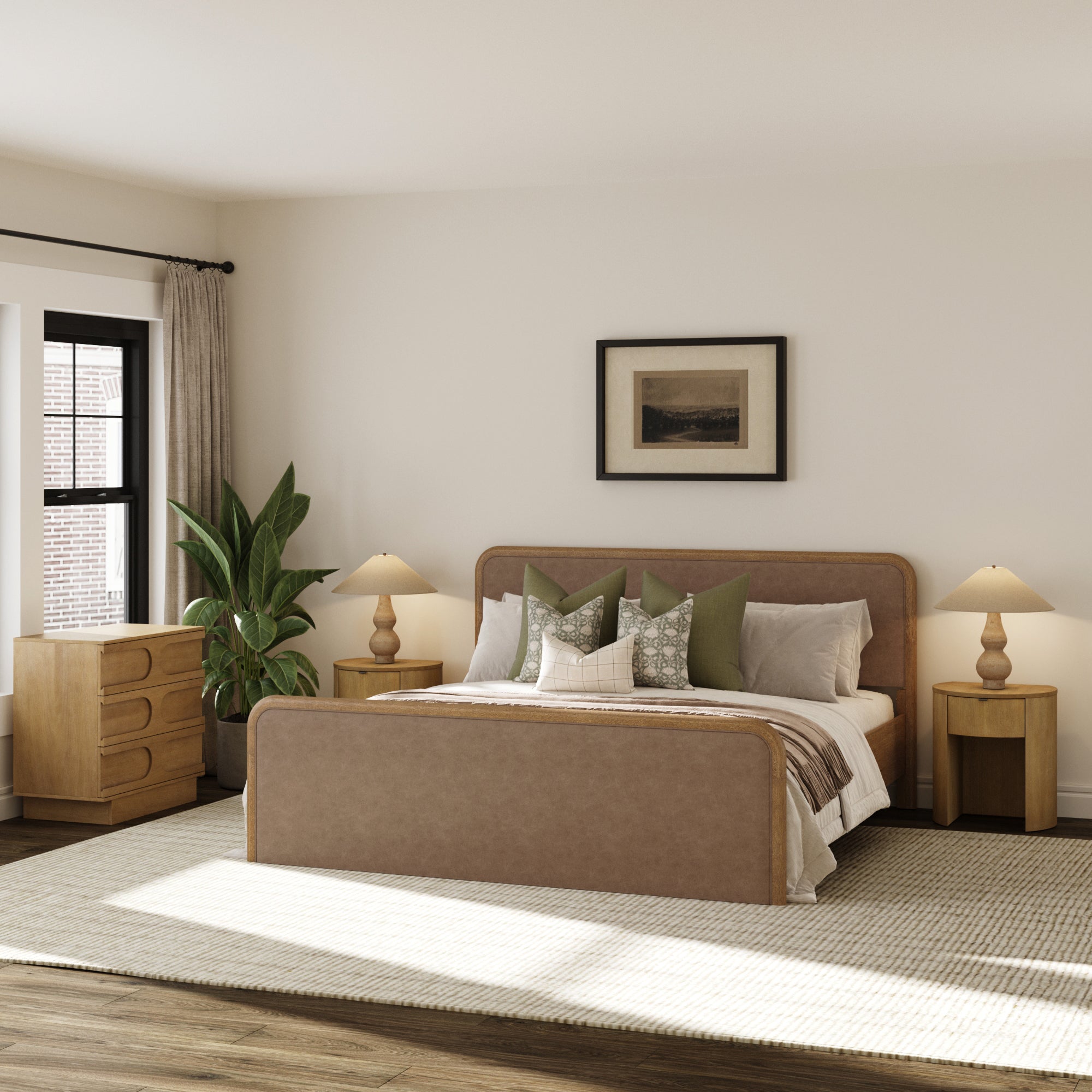 Rounded Faux Leather King Bed Frame with 1 Arched Dresser and 2 Nightstands Set Light Brown - Nathan James