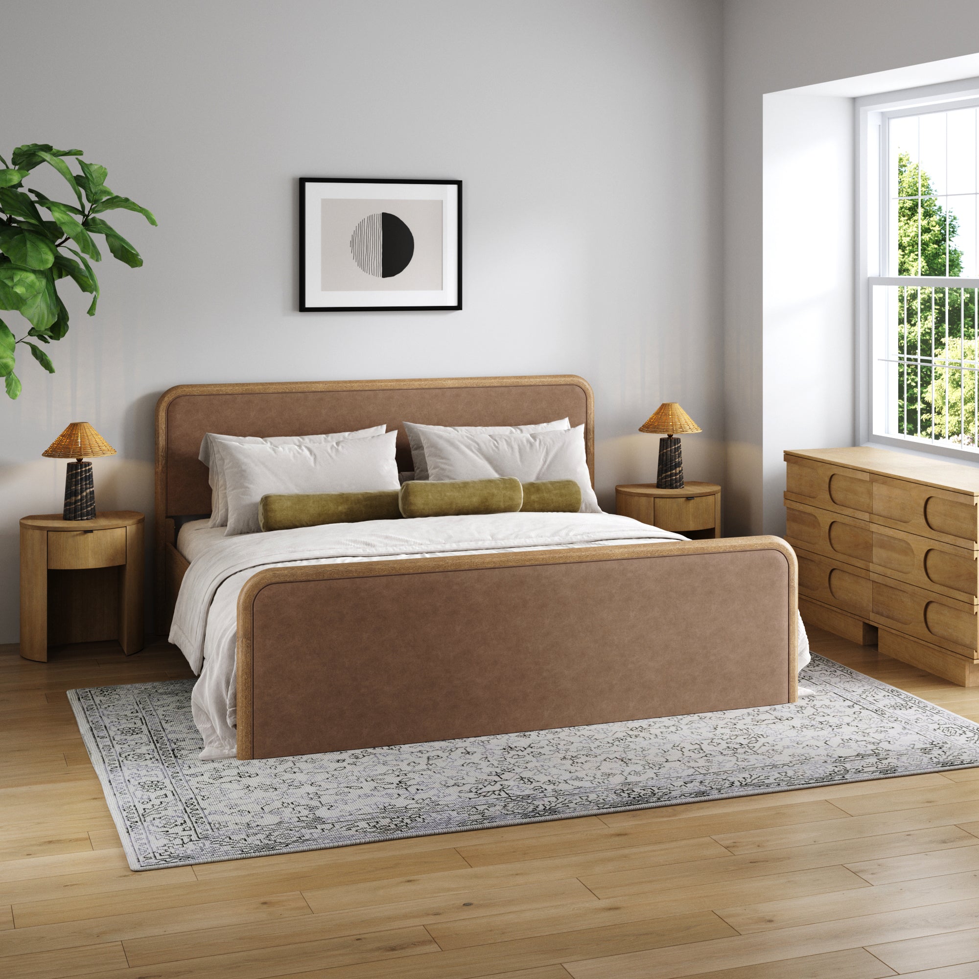 Rounded Faux Leather King Bed Frame with 2 Arched Dressers and 2 Nightstands Set Light Brown - Nathan James