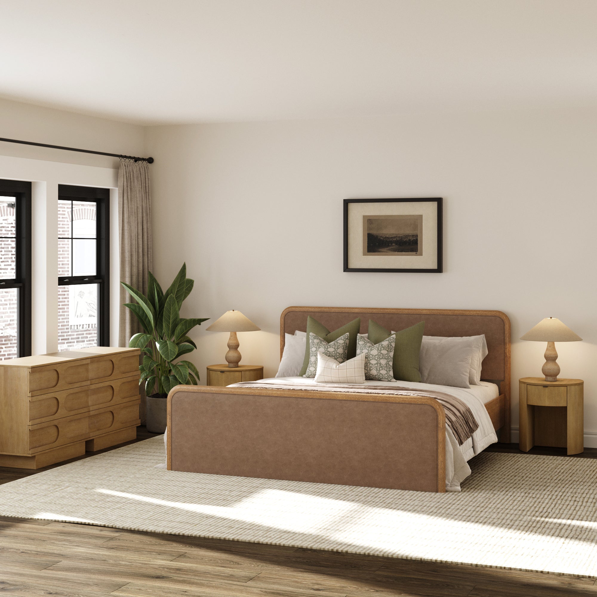 Rounded Faux Leather King Bed Frame with 2 Arched Dressers and 2 Nightstands Set Light Brown - Nathan James