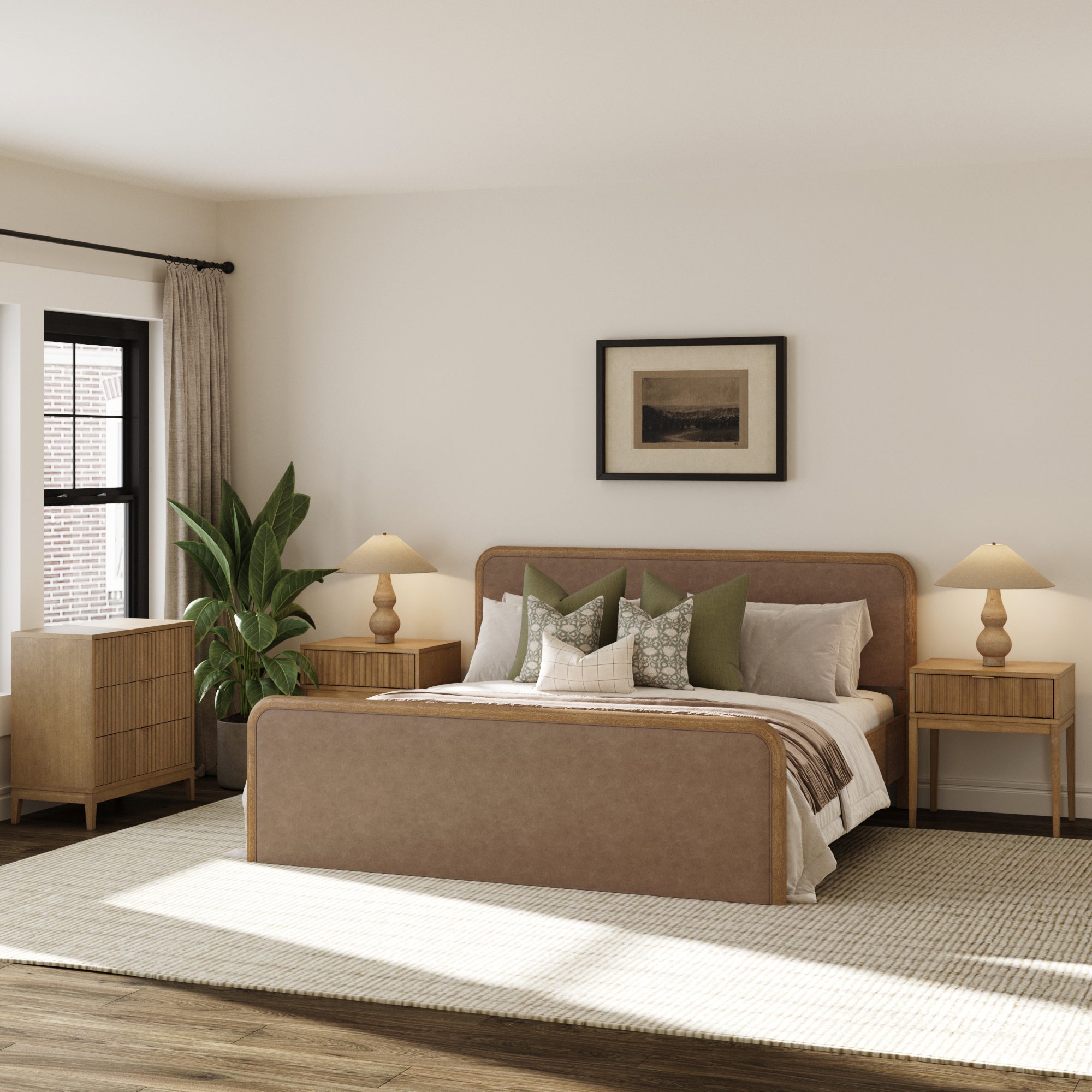 Rounded Faux Leather King Bed Frame with 1 Fluted Dresser and 2 Nightstands Set Light Brown - Nathan James