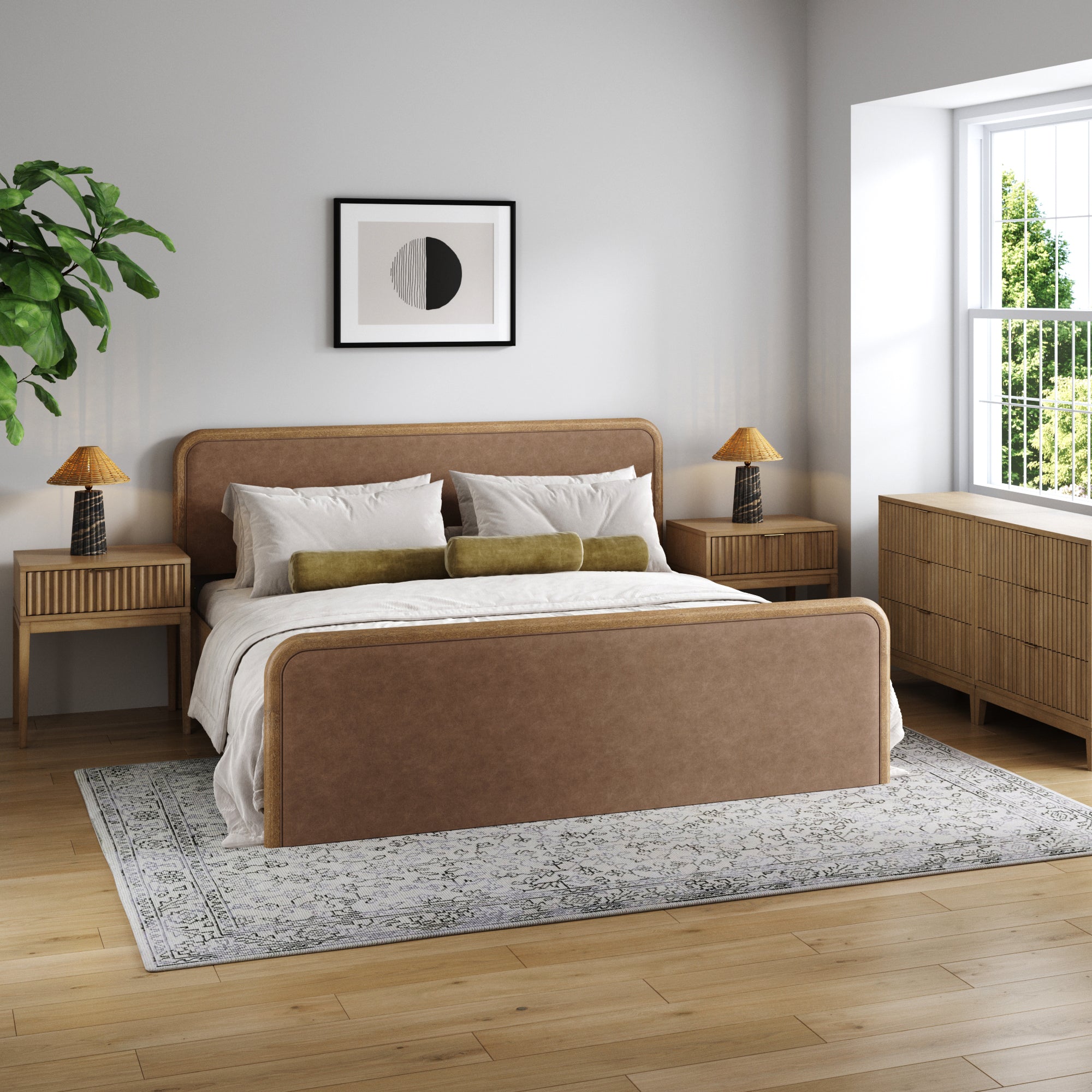Rounded Faux Leather King Bedroom Set with 2 Fluted Dressers and 2 Nightstands Set Light Brown - Nathan James