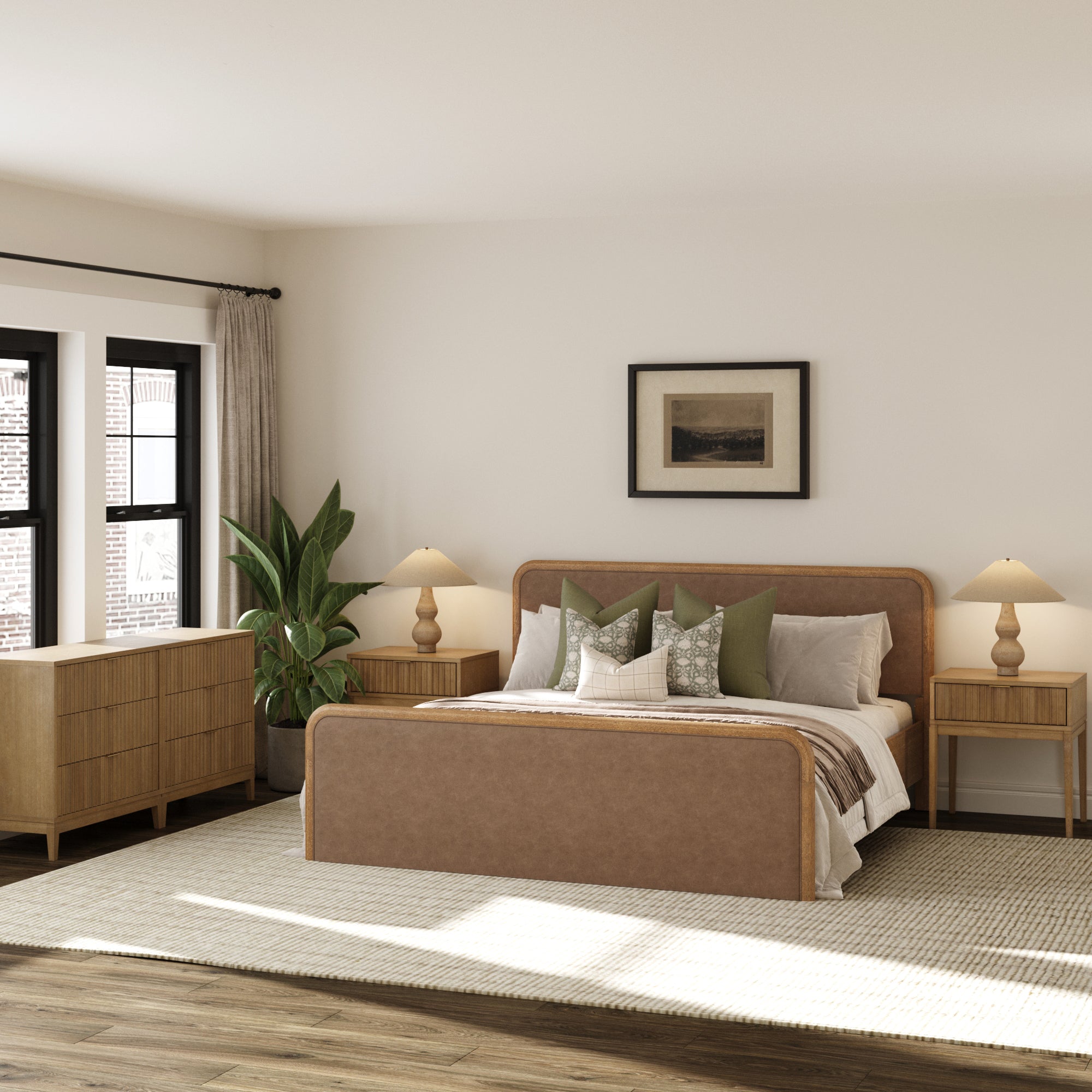 Rounded Faux Leather King Bedroom Set with 2 Fluted Dressers and 2 Nightstands Set Light Brown - Nathan James