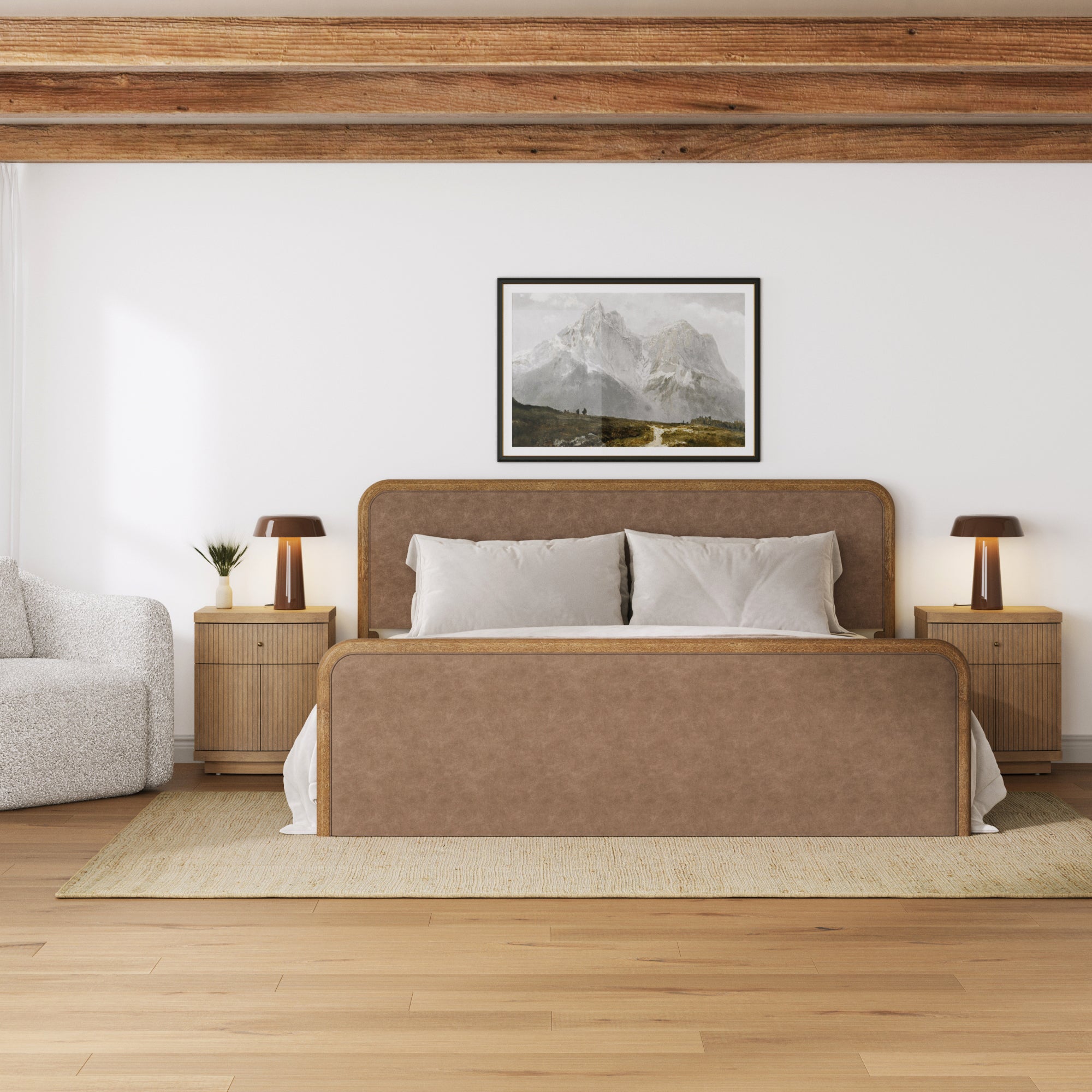 King Rounded Faux Leather Bed Frame with 2 Fluted Nightstands with Storage Light Brown - Nathan James