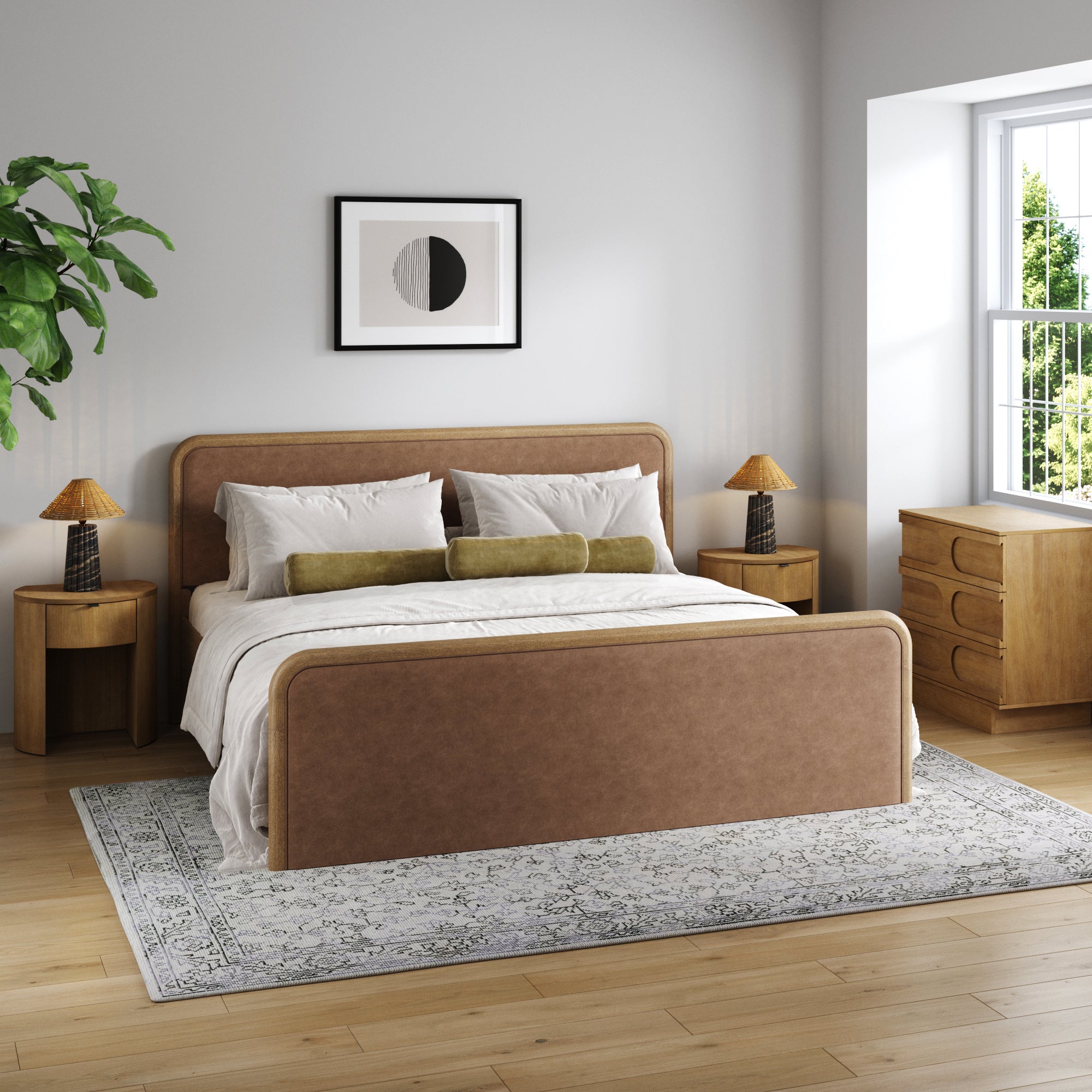 Rounded Faux Leather King Bed Frame with 1 Arched Dresser and 2 Nightstands Set Light Brown - Nathan James
