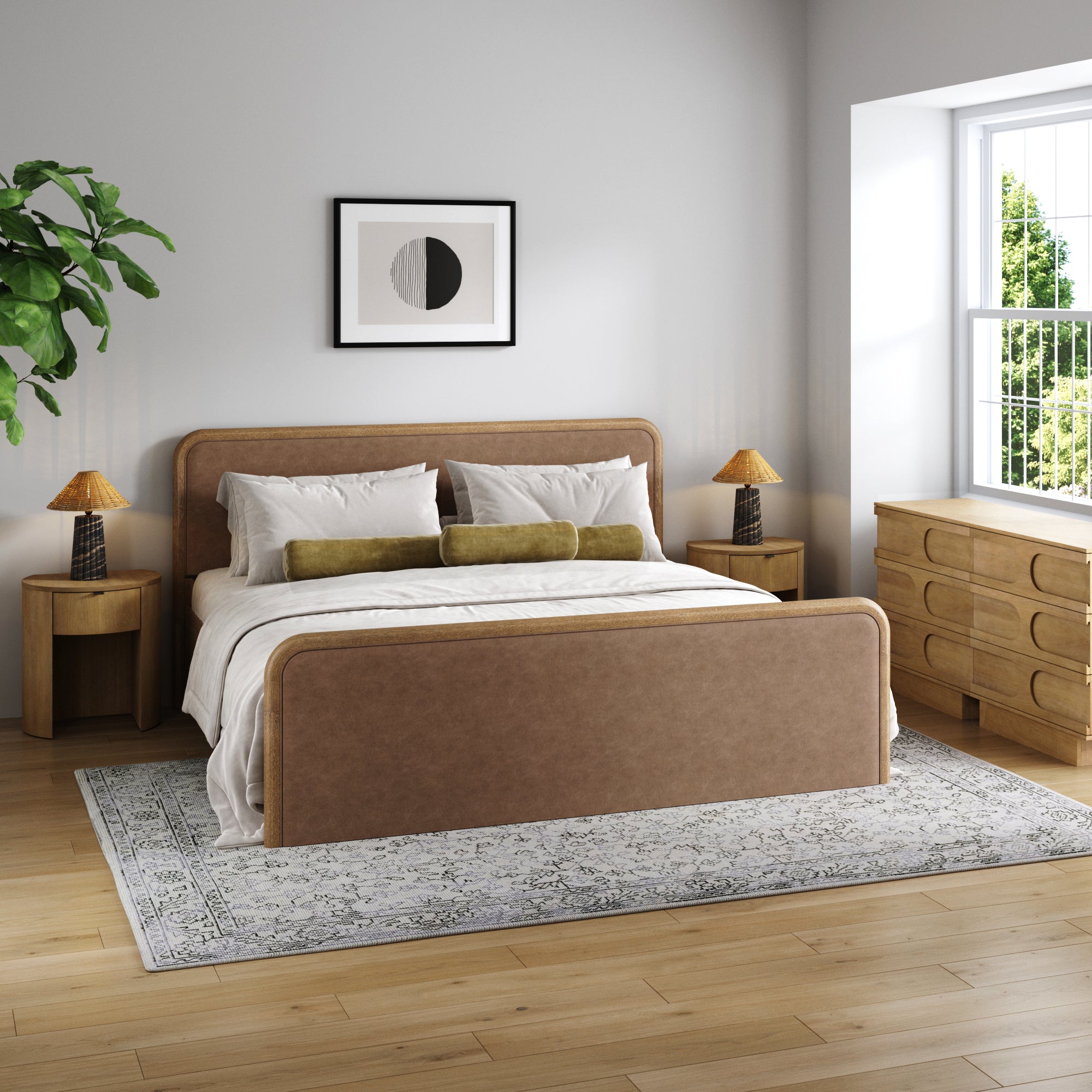 Rounded Faux Leather King Bed Frame with 2 Arched Dressers and 2 Nightstands Set Light Brown - Nathan James