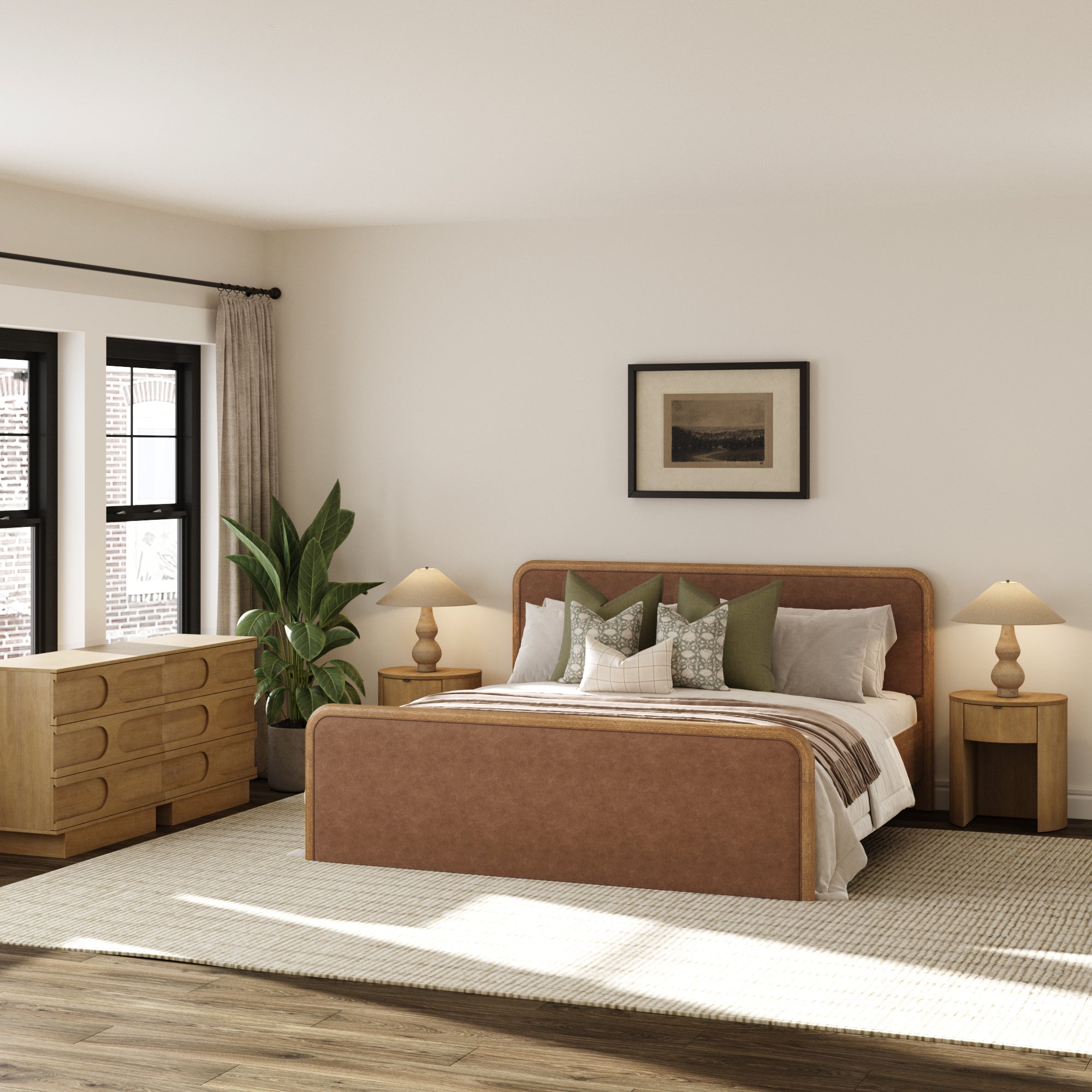 Rounded Faux Leather King Bed Frame with 2 Arched Dressers and 2 Nightstands Set Light Brown - Nathan James