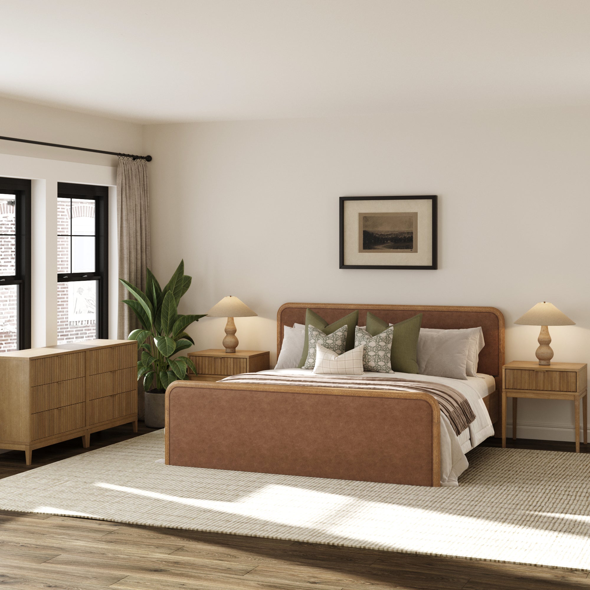 Rounded Faux Leather King Bedroom Set with 2 Fluted Dressers and 2 Nightstands Set Light Brown - Nathan James