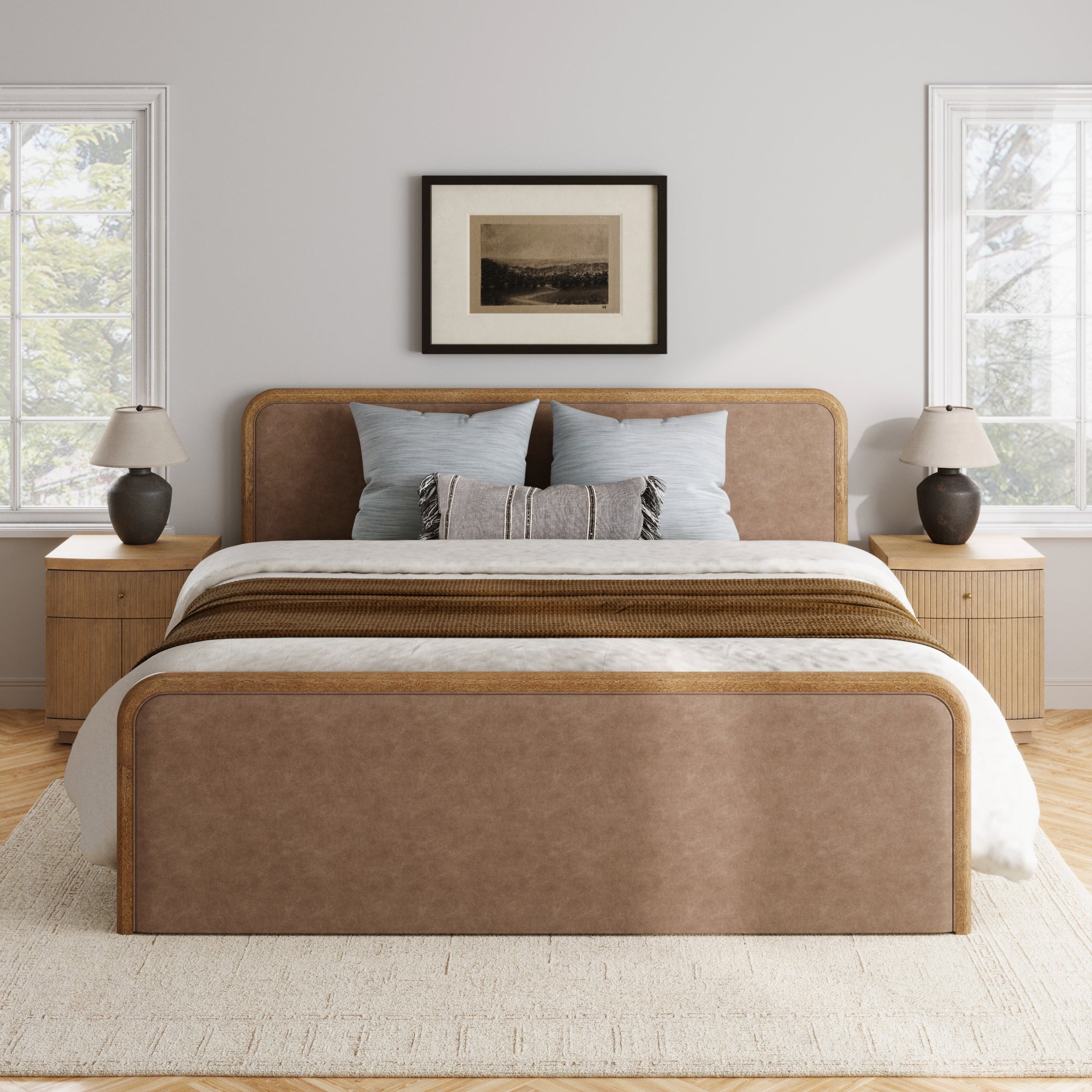 King Rounded Faux Leather Bed Frame with 2 Fluted Nightstands with Storage Light Brown - Nathan James