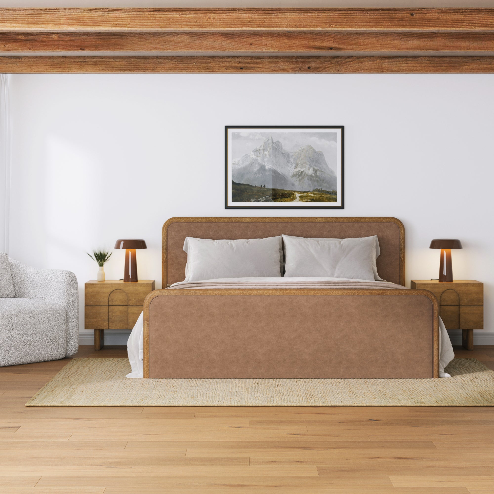 King Rounded Faux Leather Bed Frame with 2 Nightstands Light Brown - Nathan James