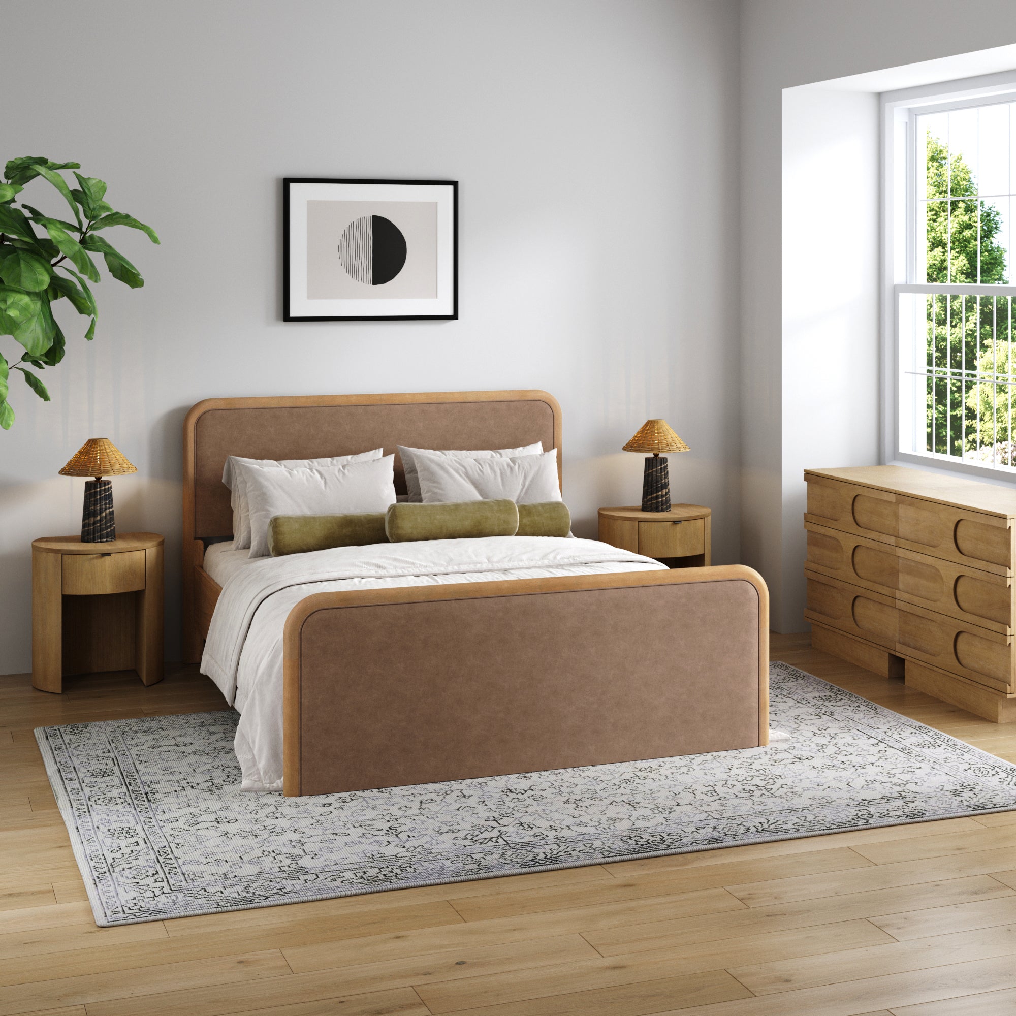 Rounded Faux Leather Queen Bed Frame with 2 Arched Dressers and 2 Nightstands Set Light Brown - Nathan James