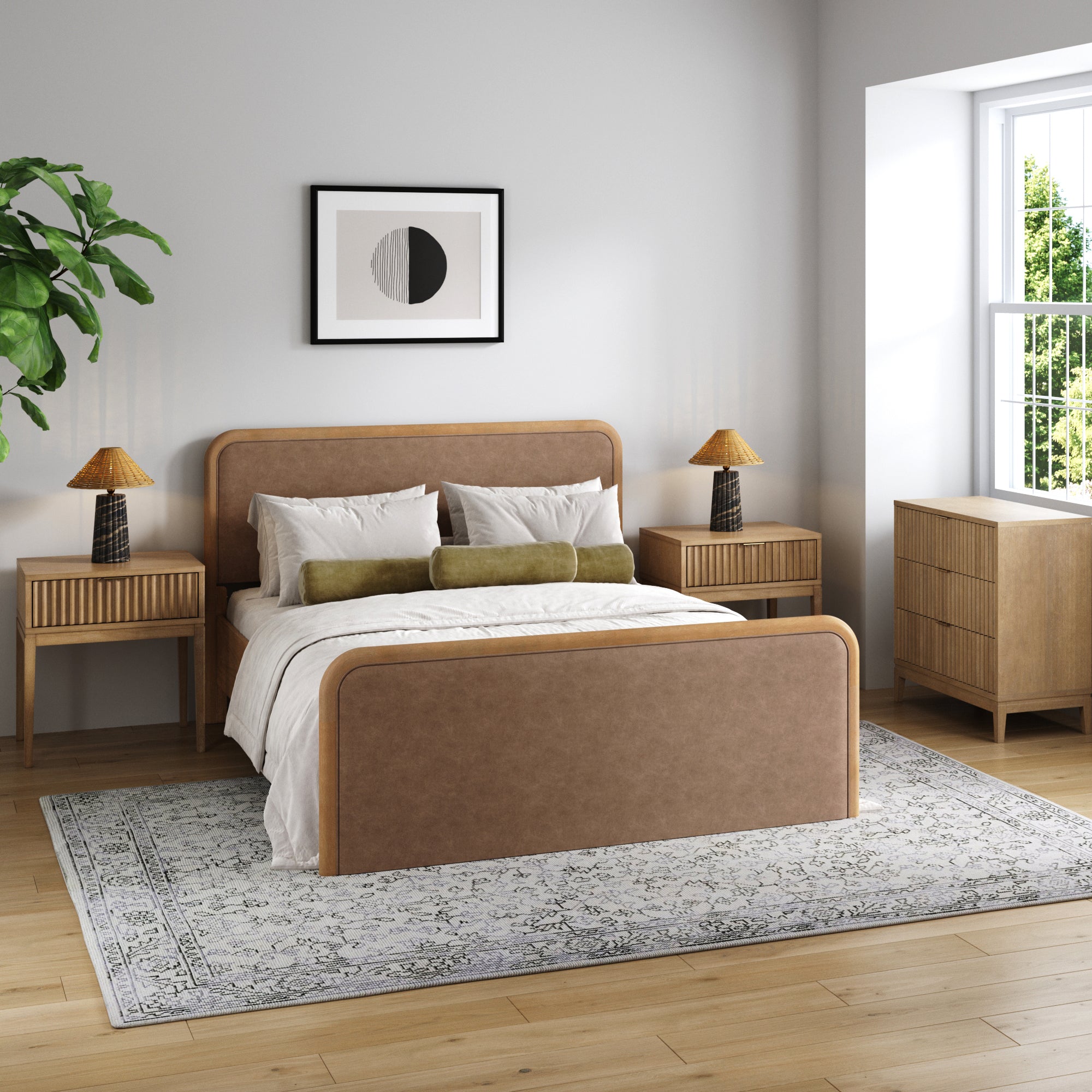 Rounded Faux Leather Queen Bed Frame with 1 Fluted Dresser and 2 Nightstands Set Light Brown - Nathan James
