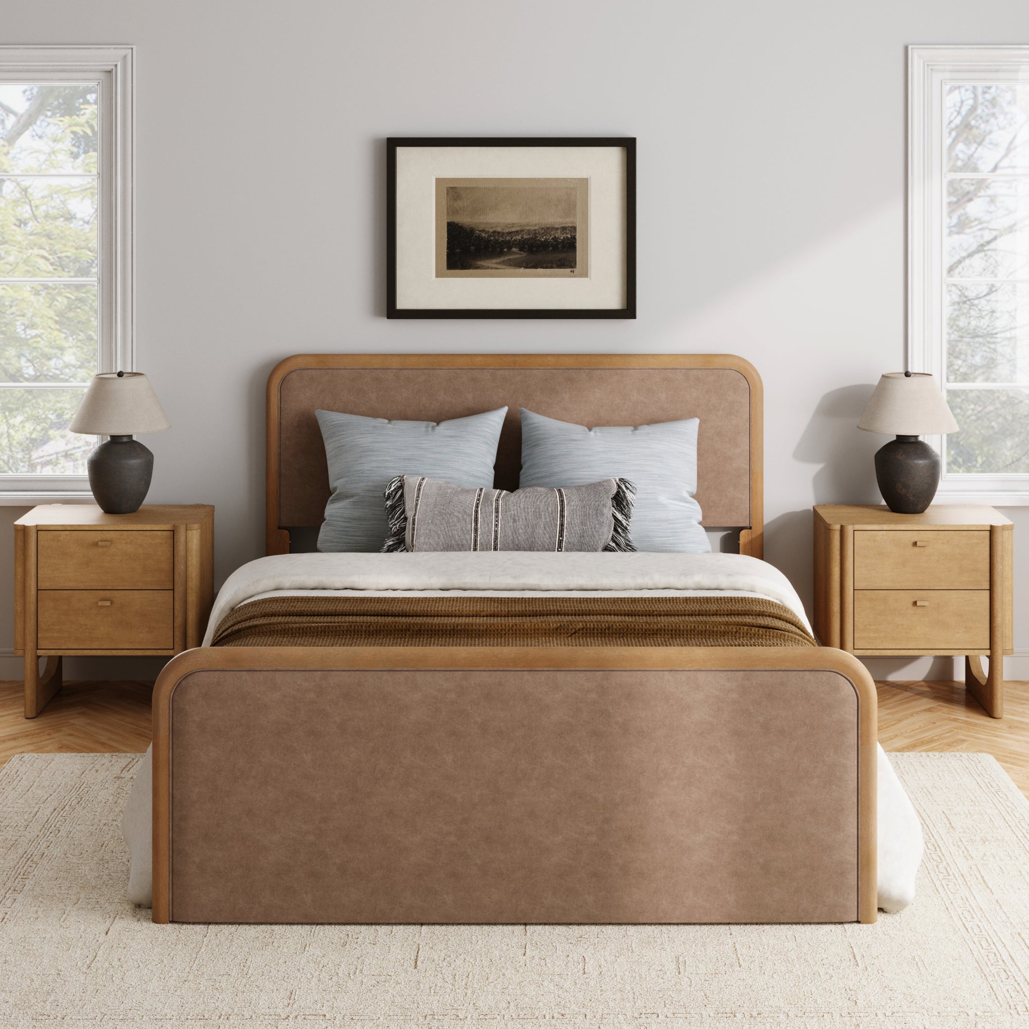 Queen Rounded Faux Leather Bed Frame with 2 - Drawer Nightstands Light Brown - Nathan James