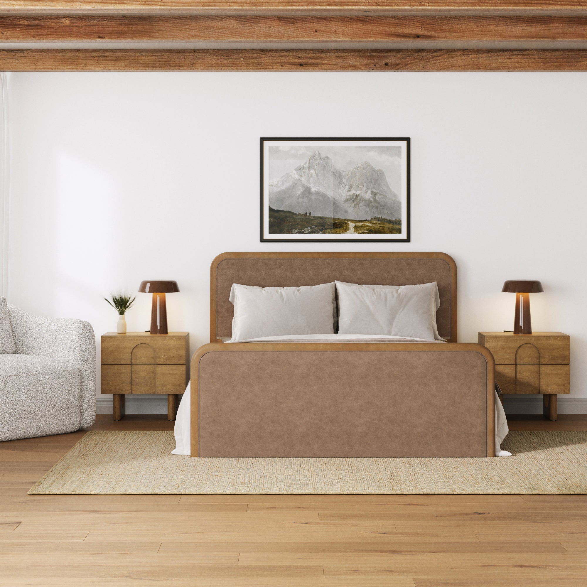 Queen Rounded Faux Leather Bed Frame with 2 Nightstands with Drawer Light Brown - Nathan James