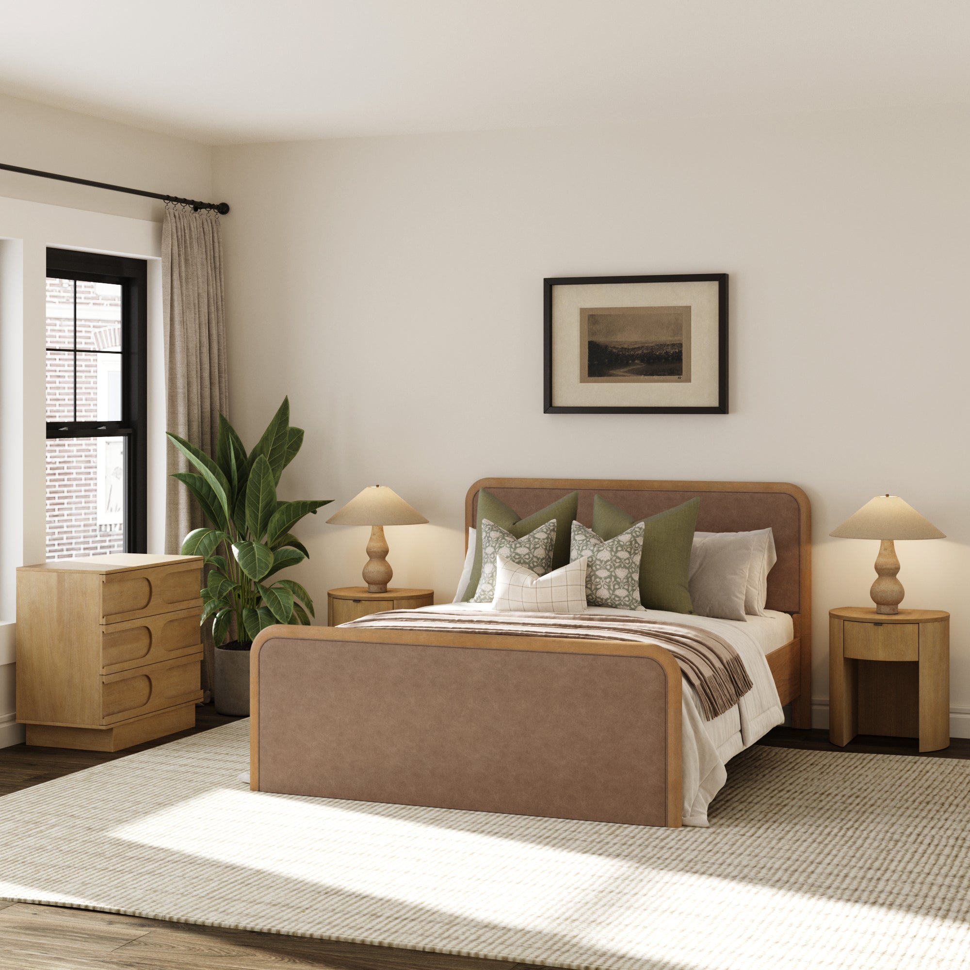 Rounded Faux Leather Queen Bed Frame with 1 Arched Dresser and 2 Nightstands Set Light Brown - Nathan James