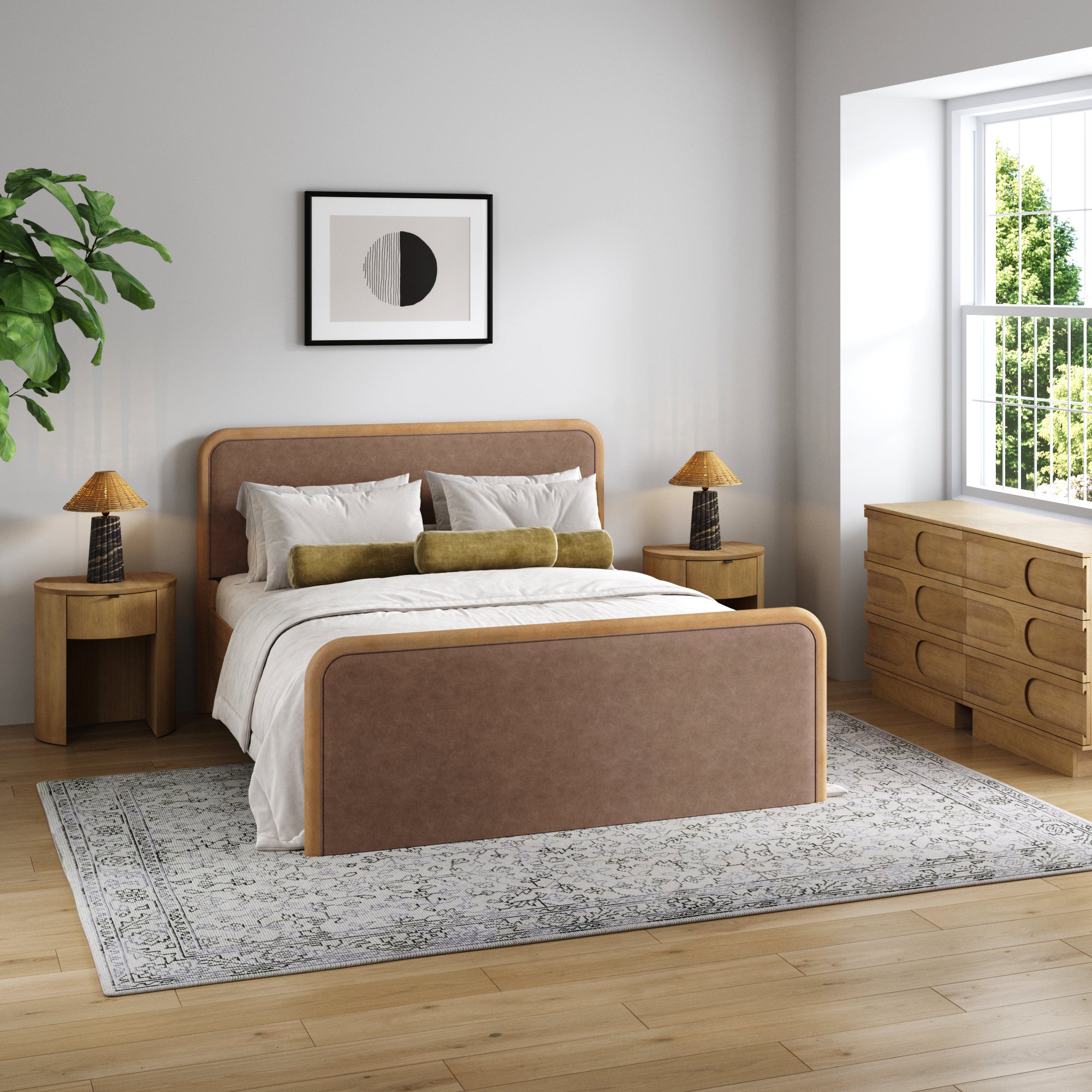Rounded Faux Leather Queen Bed Frame with 2 Arched Dressers and 2 Nightstands Set Light Brown - Nathan James