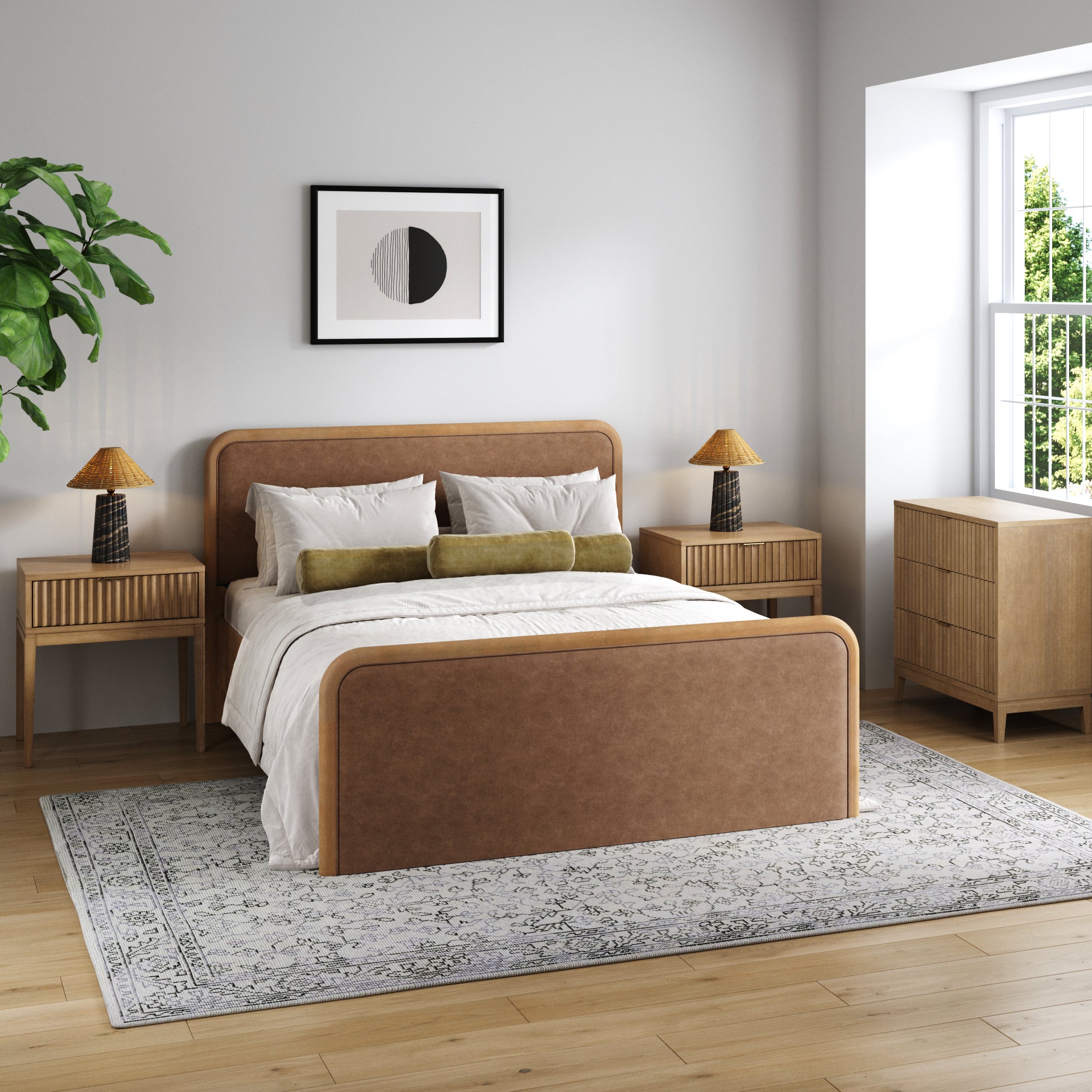 Rounded Faux Leather Queen Bed Frame with 1 Fluted Dresser and 2 Nightstands Set Light Brown - Nathan James