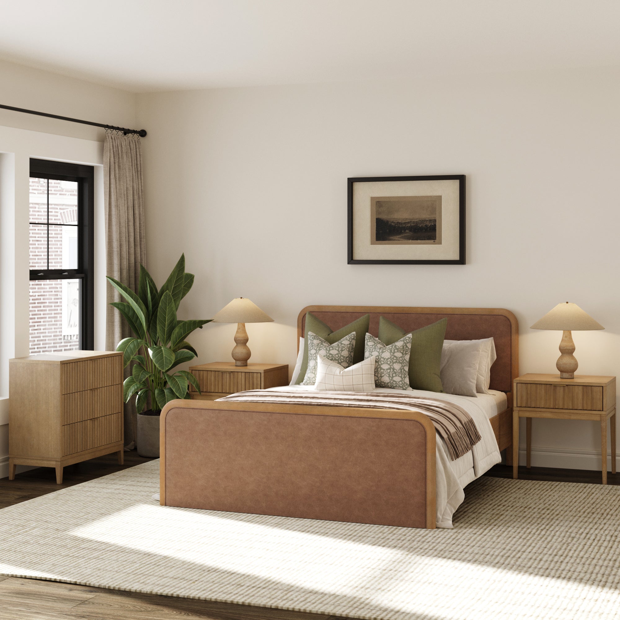 Rounded Faux Leather Queen Bed Frame with 1 Fluted Dresser and 2 Nightstands Set Light Brown - Nathan James