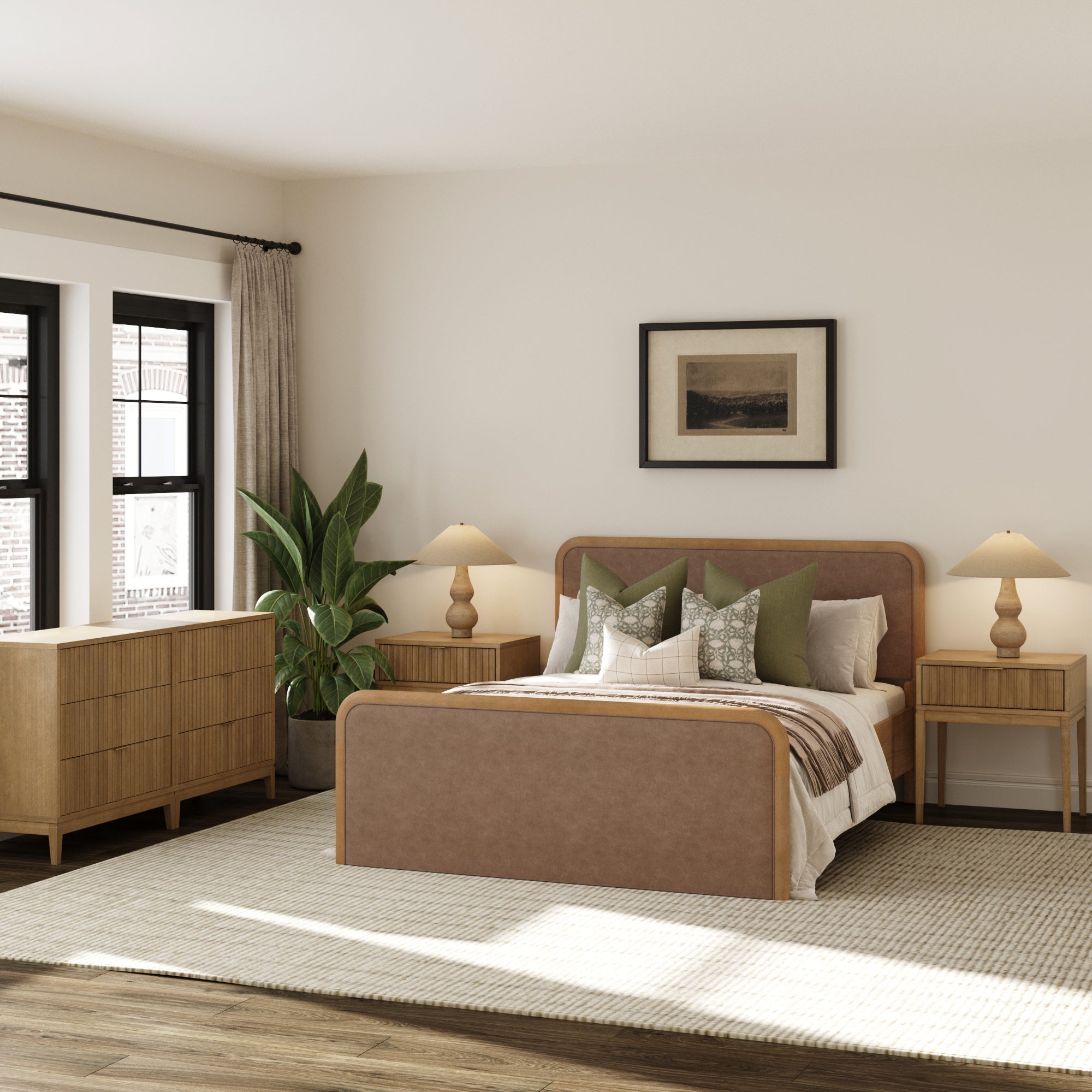 Rounded Faux Leather Queen Bedroom Set with 2 Fluted Dressers and 2 Nightstands Set Light Brown - Nathan James