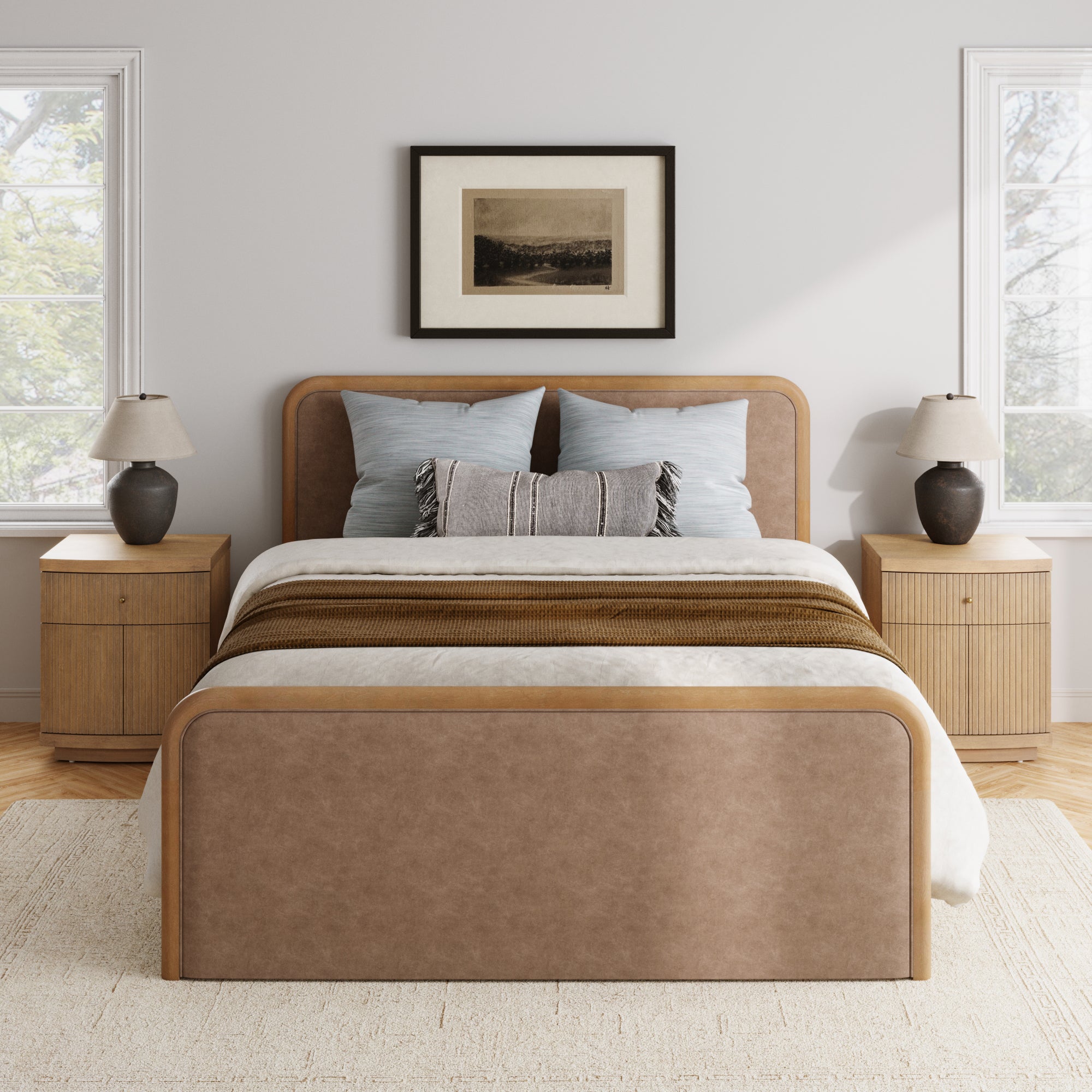 Queen Rounded Faux Leather Bed Frame with 2 Fluted Nightstands with Storage Light Brown - Nathan James