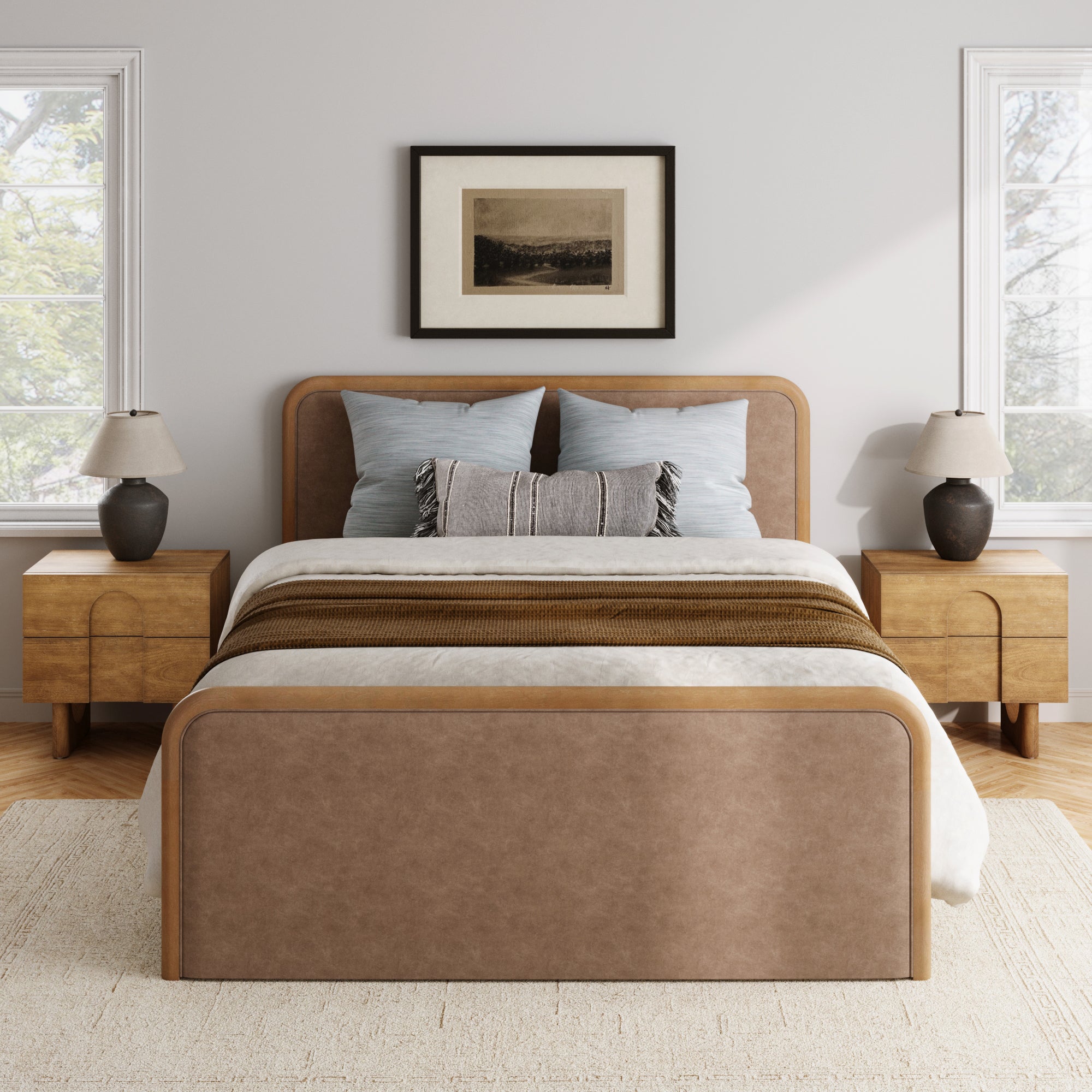 Queen Rounded Faux Leather Bed Frame with 2 Nightstands Light Brown - Nathan James