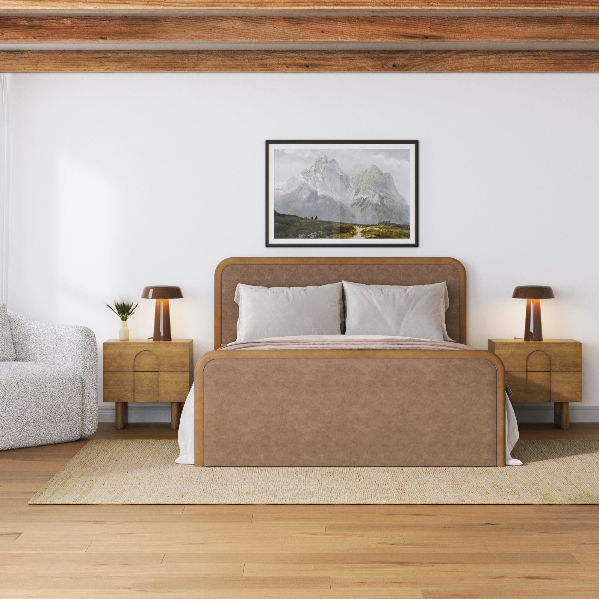 Queen Rounded Faux Leather Bed Frame with 2 Nightstands Light Brown - Nathan James