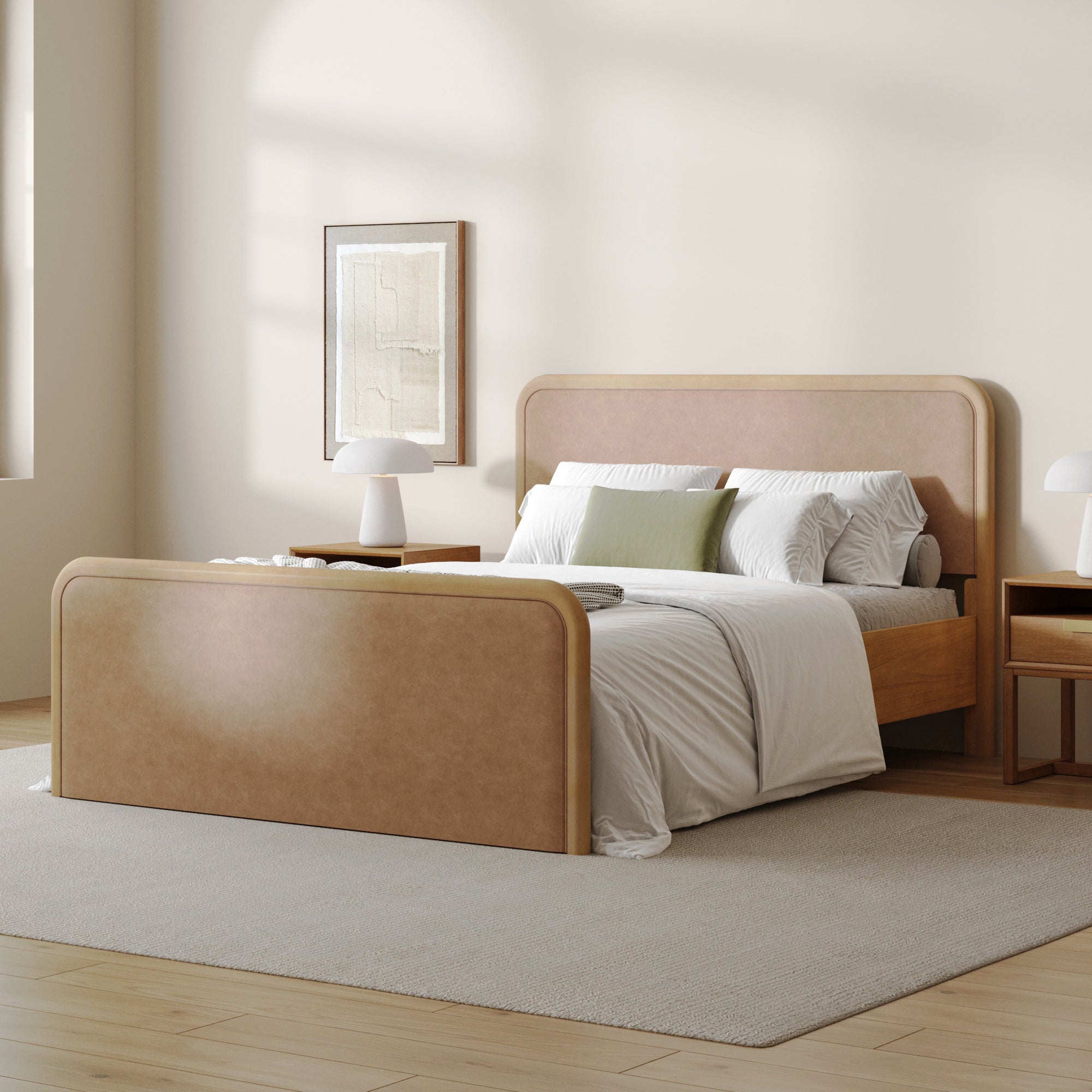 Queen Rounded Solid Wood Bed Frame in Light Brown Faux Leather - Nathan James