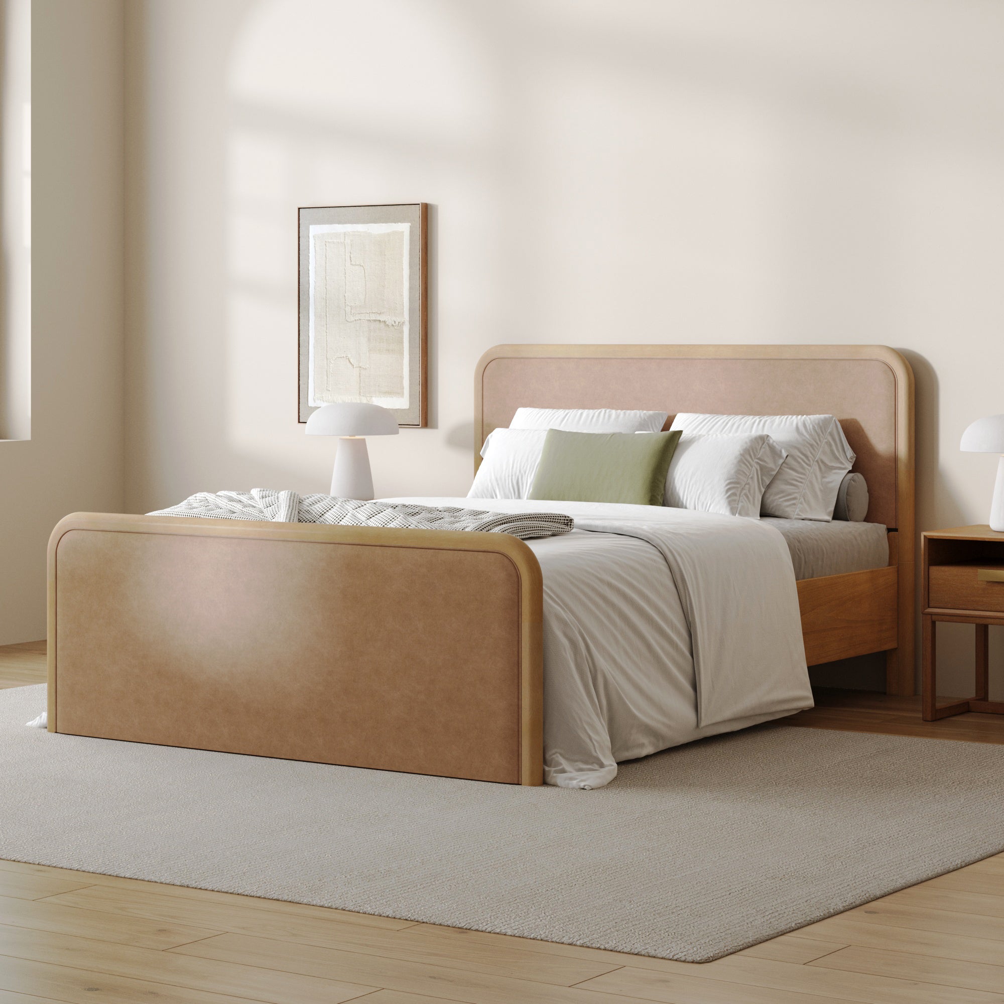 Queen Rounded Solid Wood Bed Frame in Light Brown Faux Leather - Nathan James