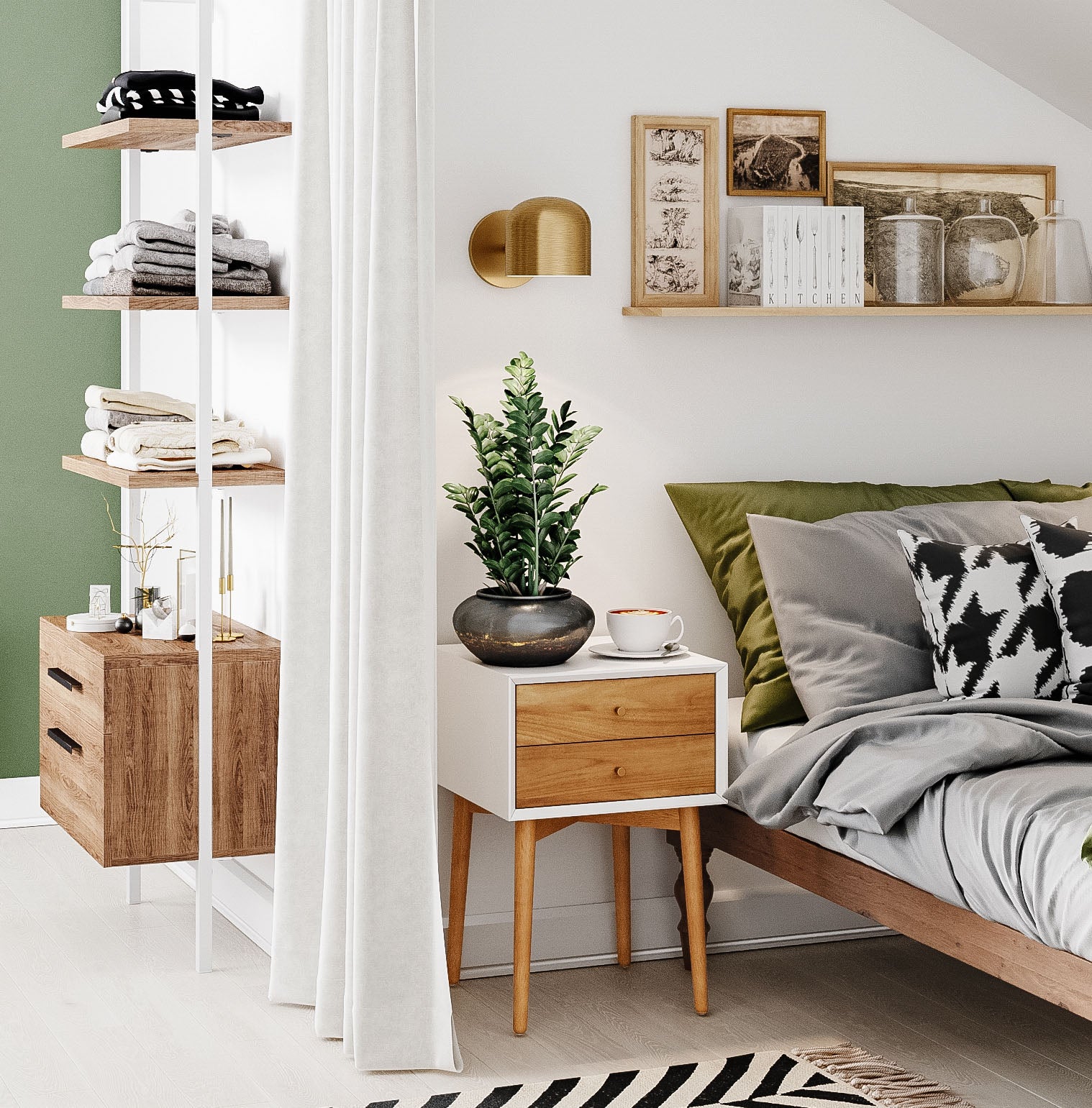 A modern bedroom with a wooden bed, gray bedding, green and black accent pillows, a white and wood nightstand with a plant and cup, wall art, a gold sconce, open shelves with towels, and a striped rug.