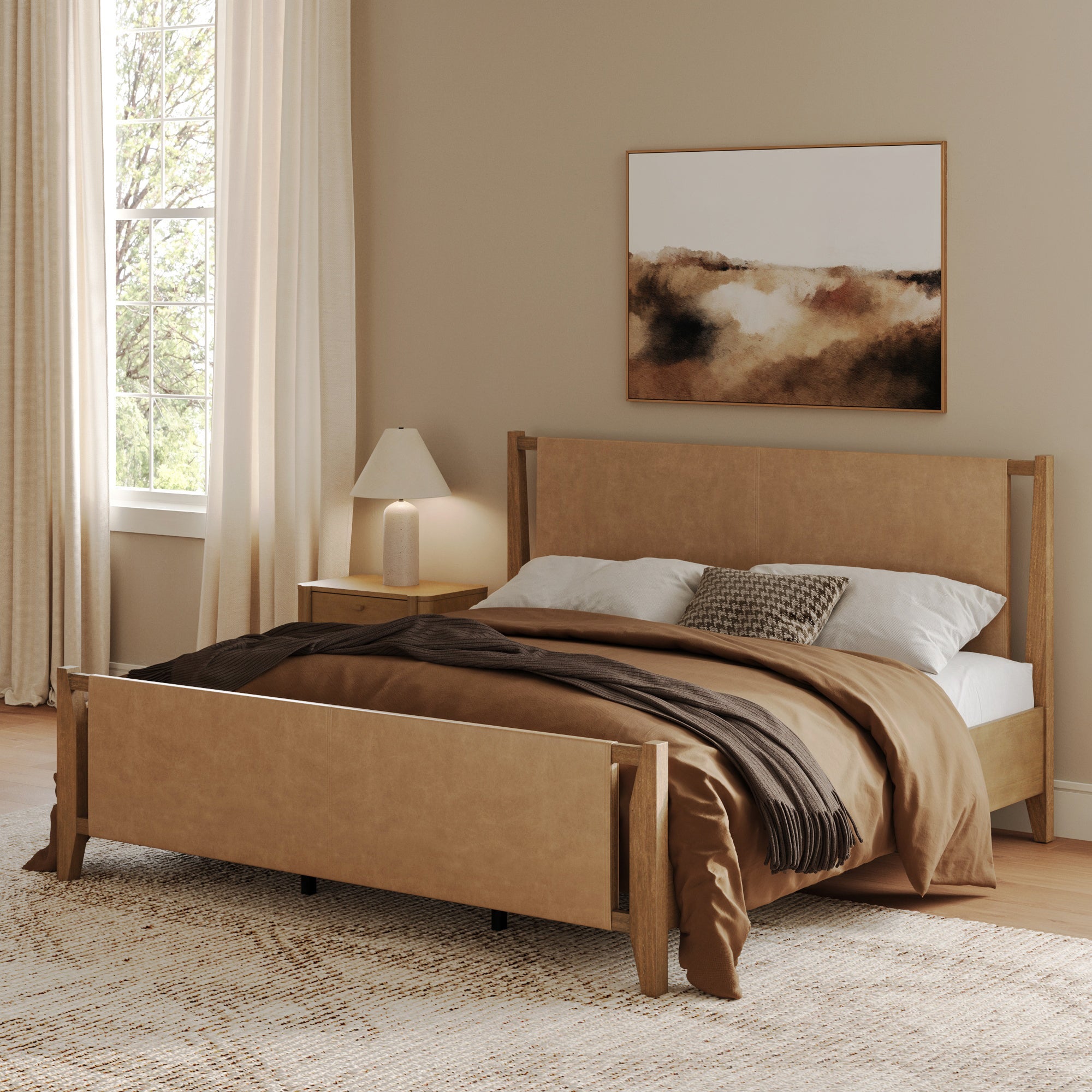 Cameron Bed Frame Wood Faux Leather Light Brown King | Nathan James
