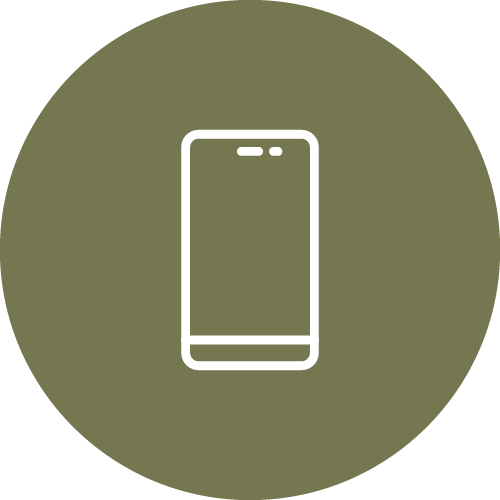 A simple white line drawing of a smartphone centered on an olive-green circular background.