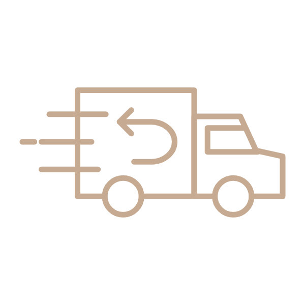 A simple line drawing of a delivery truck with motion lines and a curved arrow pointing back, symbolizing a return or reverse delivery service.