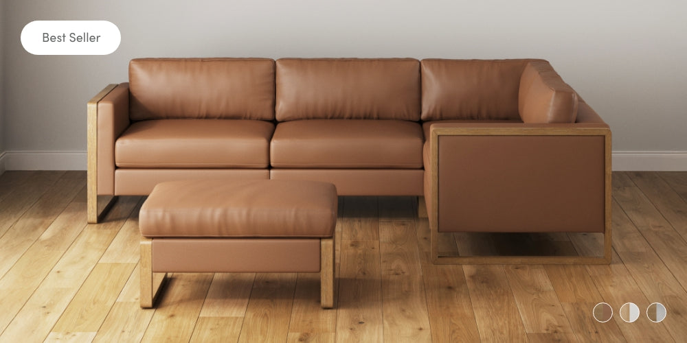 A modern brown leather sectional sofa with matching ottoman on a light wood floor against a plain light gray wall. A “Best Seller” label appears in the top left corner.