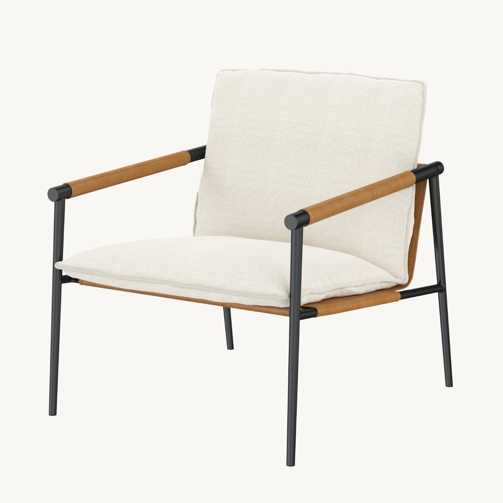 A modern armchair with a black metal frame, tan wooden armrests, and white cushioned seat and backrest, displayed on a plain white background.