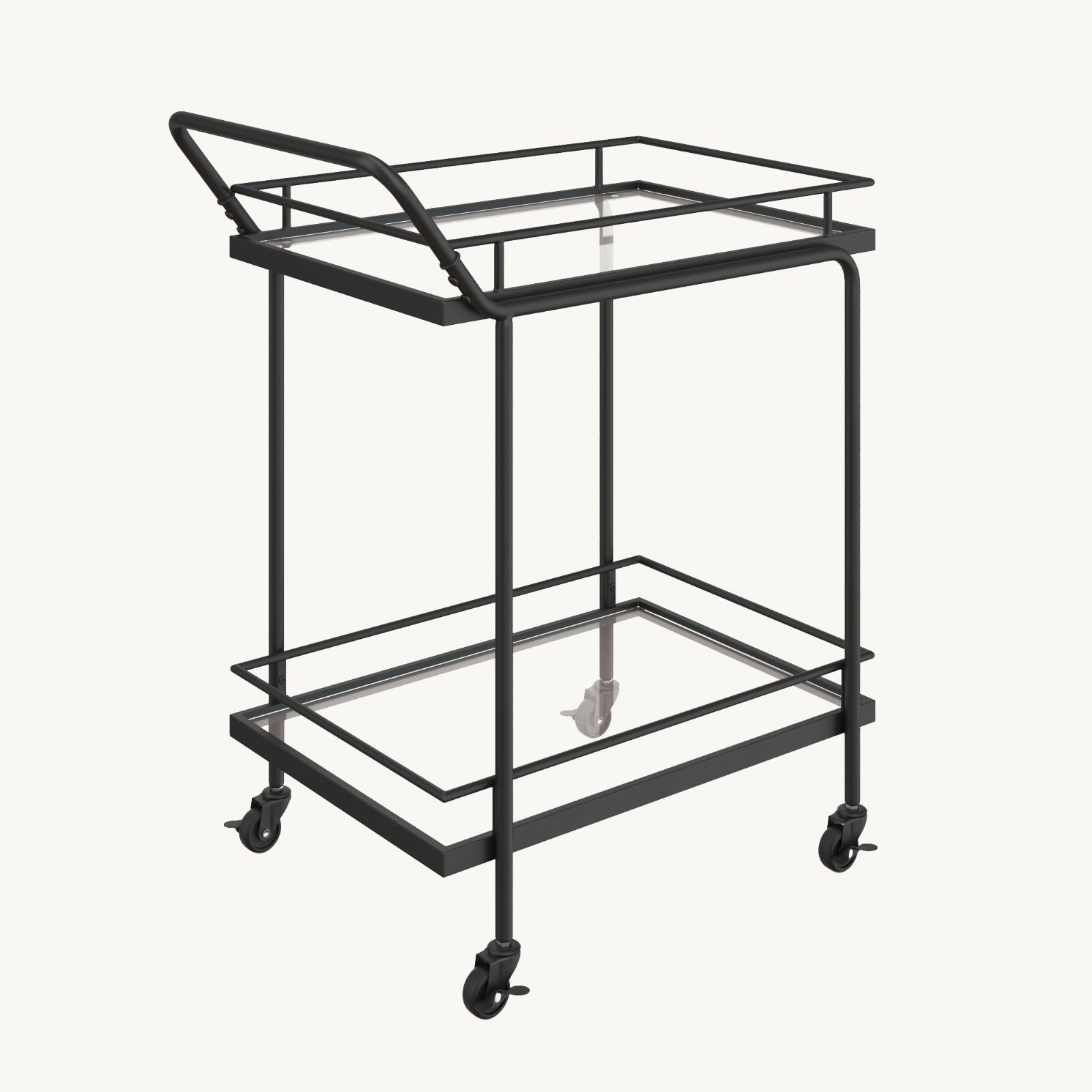 A modern, black metal bar cart with two glass shelves and four caster wheels, shown against a plain white background. The cart has a minimalist design with a handle on one side.